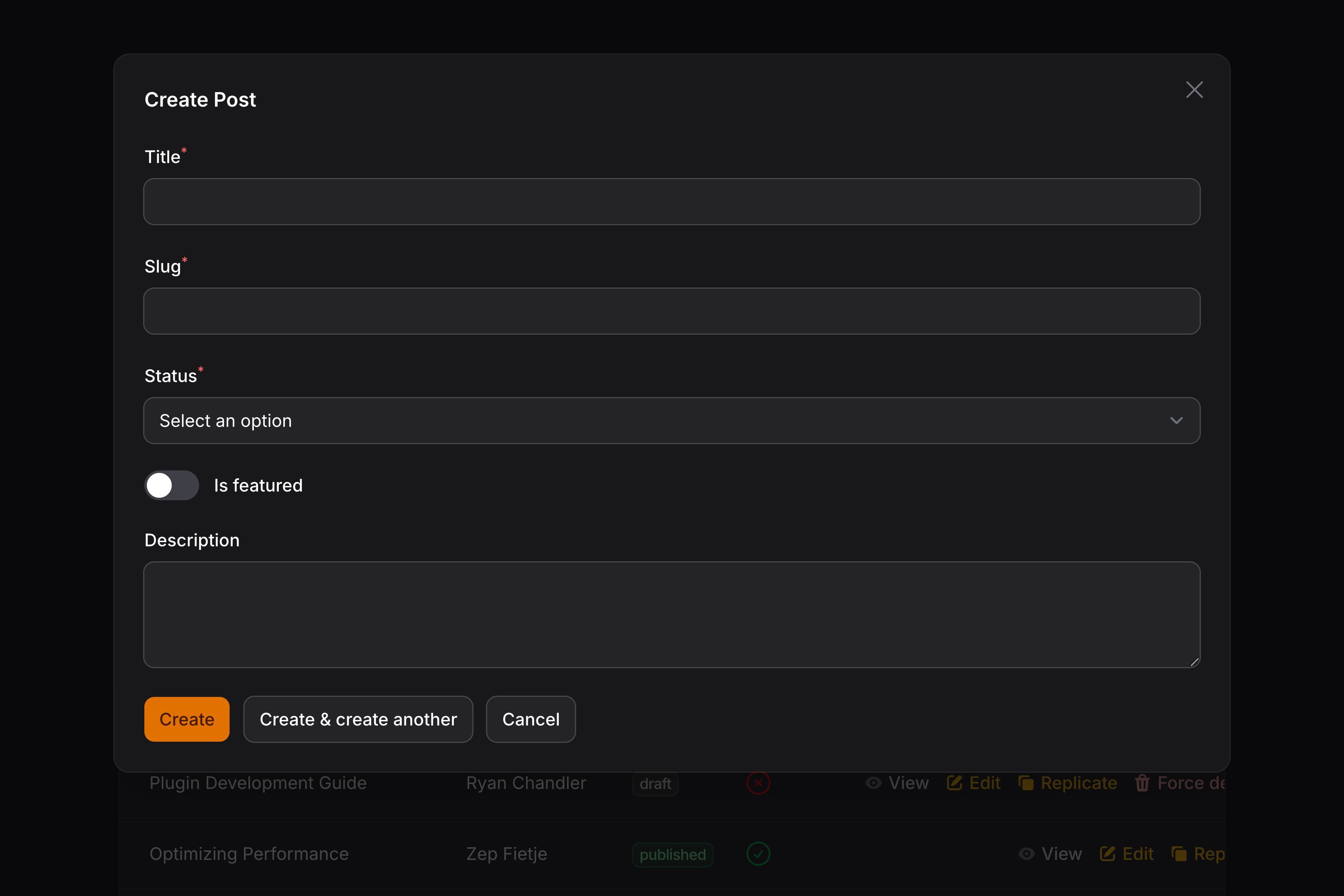 Create action modal