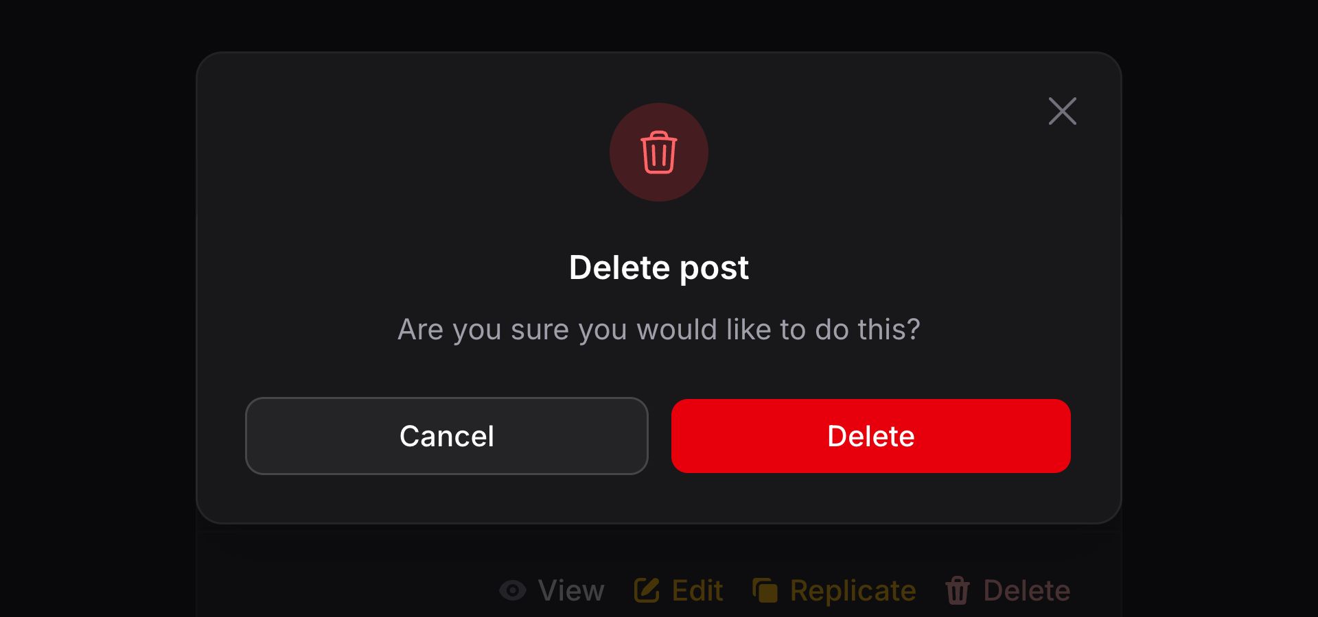 Delete action modal