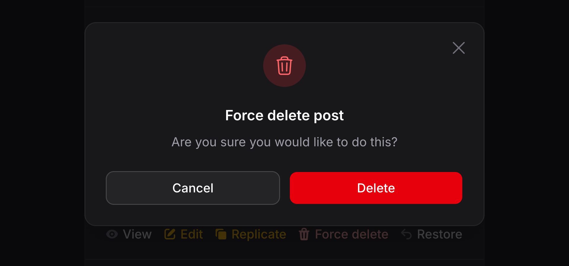 Force-delete action modal