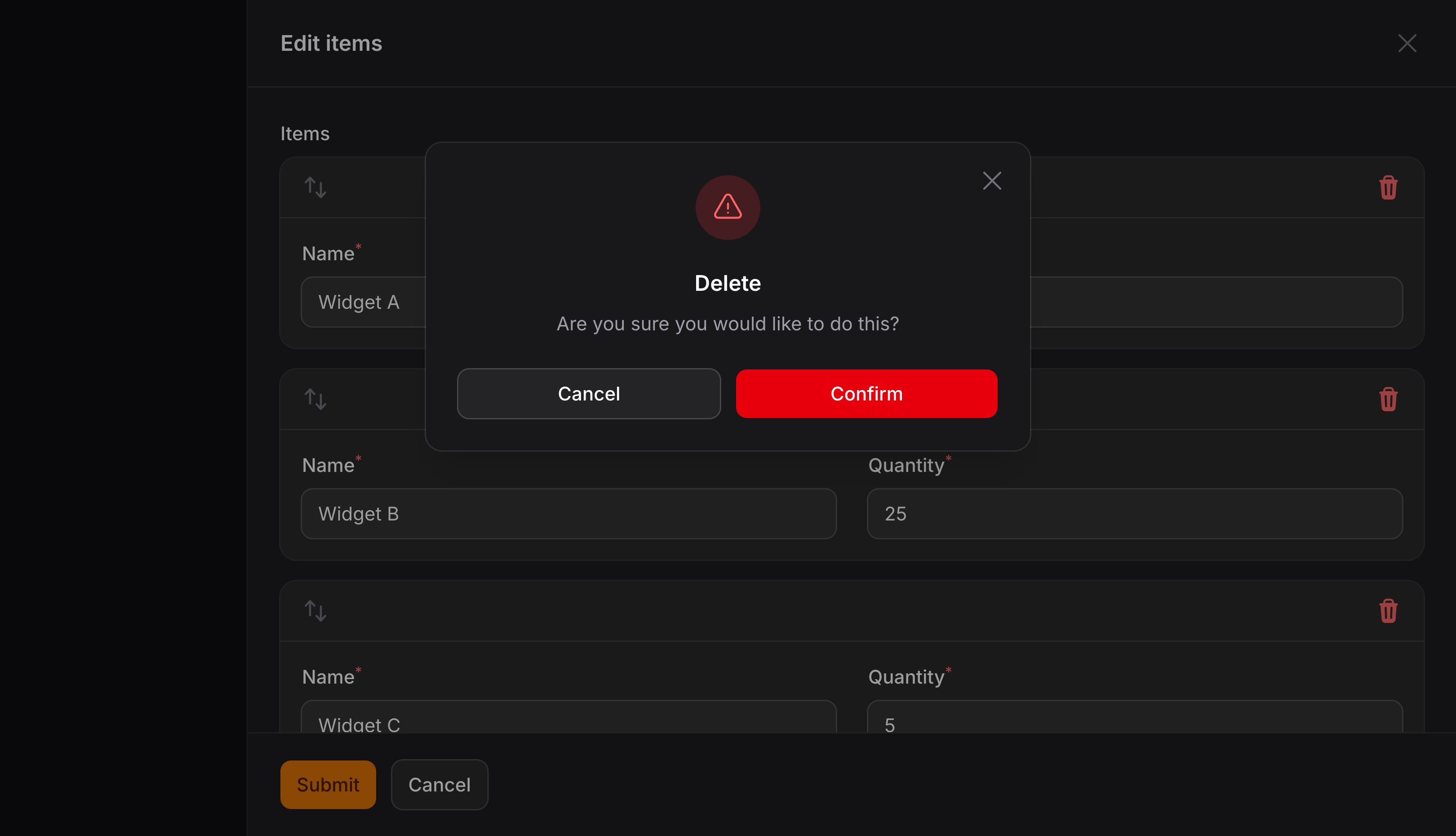 Child confirmation modal overlaying a parent slide-over