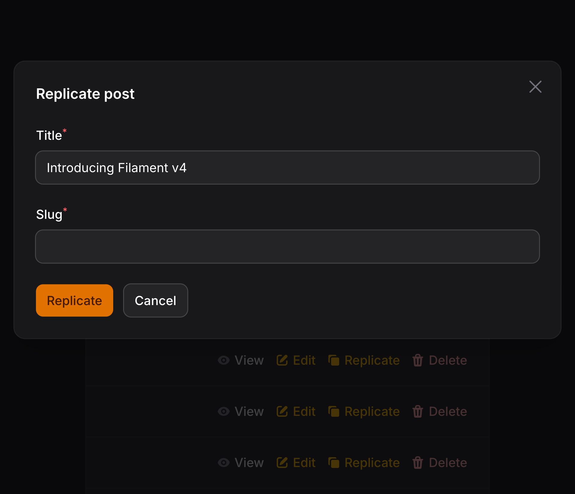 Replicate action modal