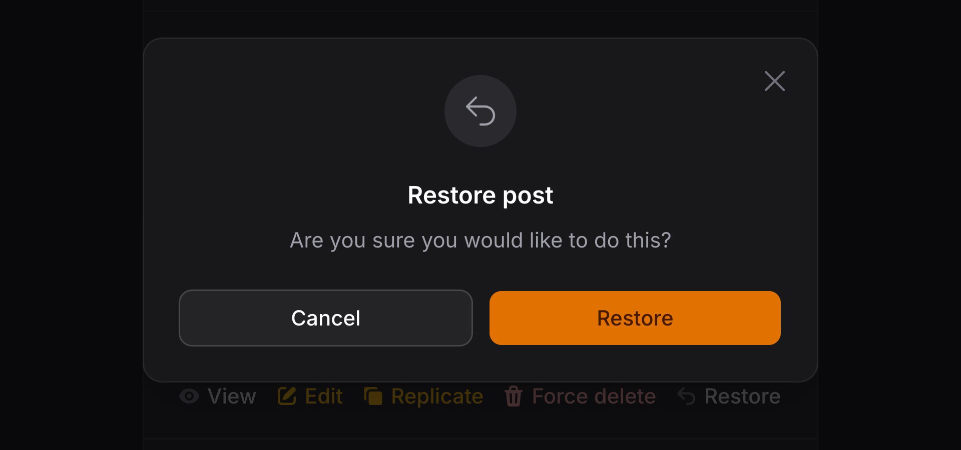 Restore action modal