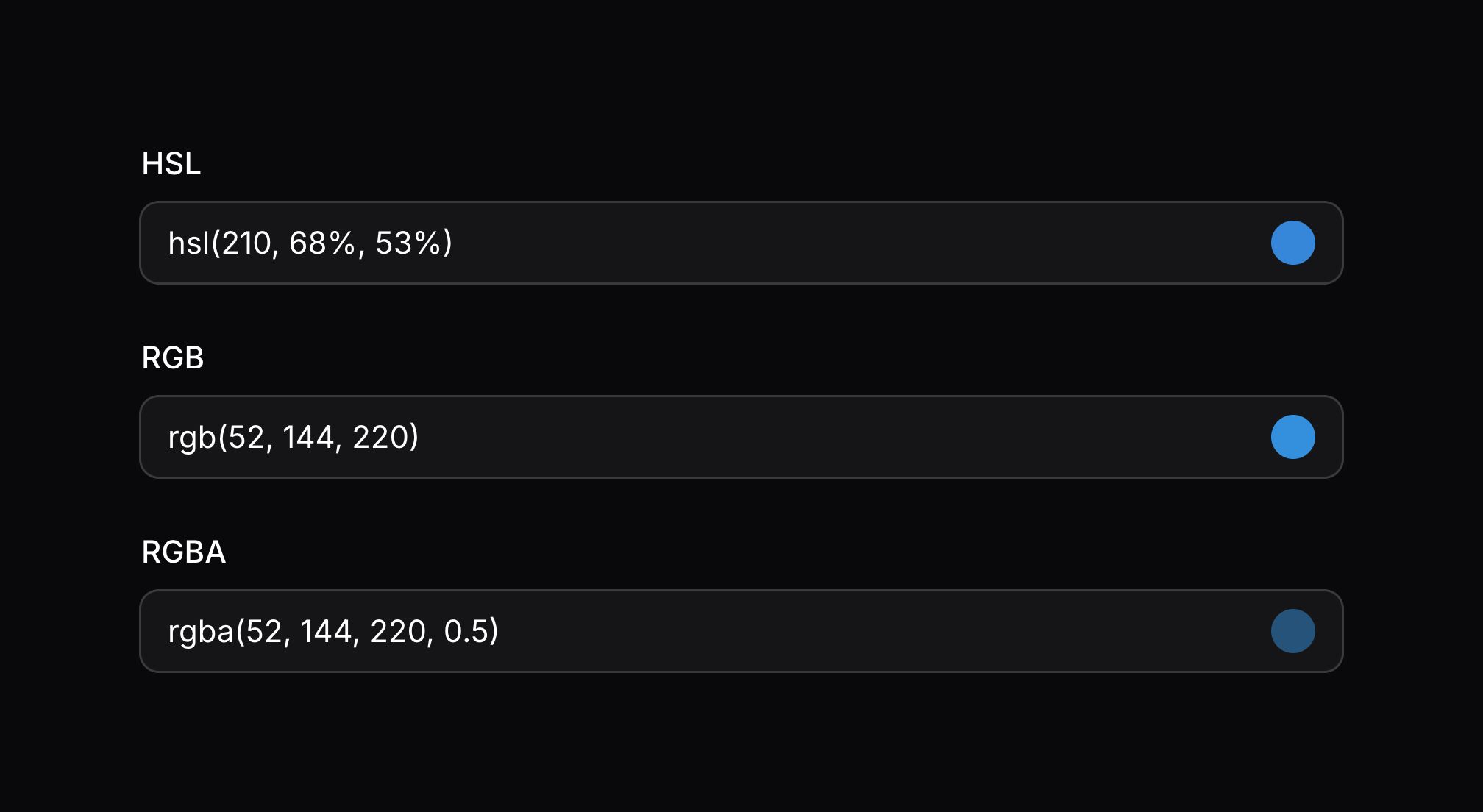 Color pickers with different format options