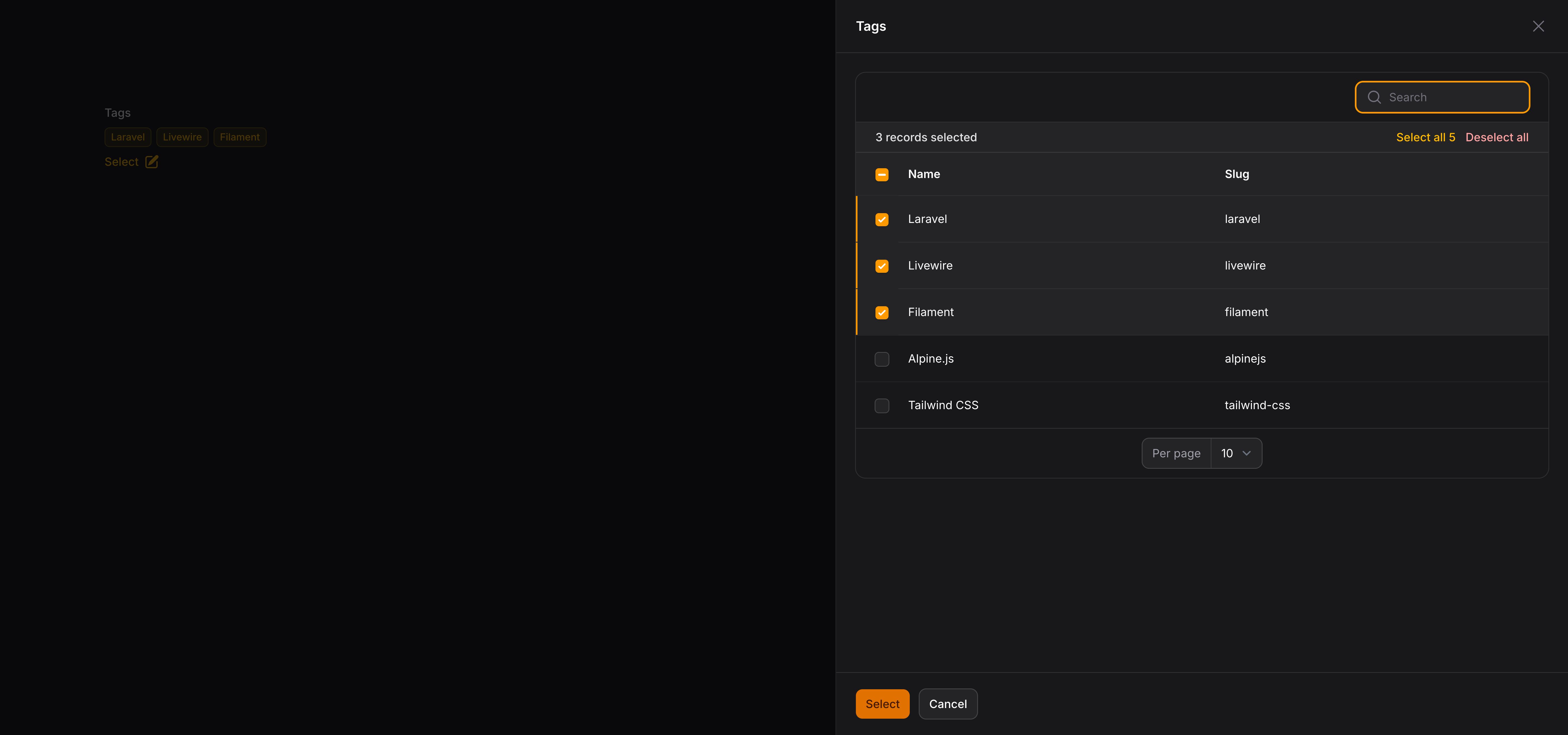 Modal table select with table open in a modal