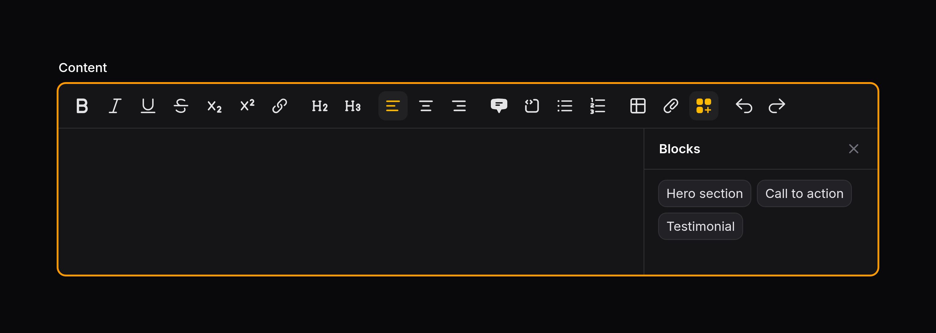 Rich editor with custom blocks panel open