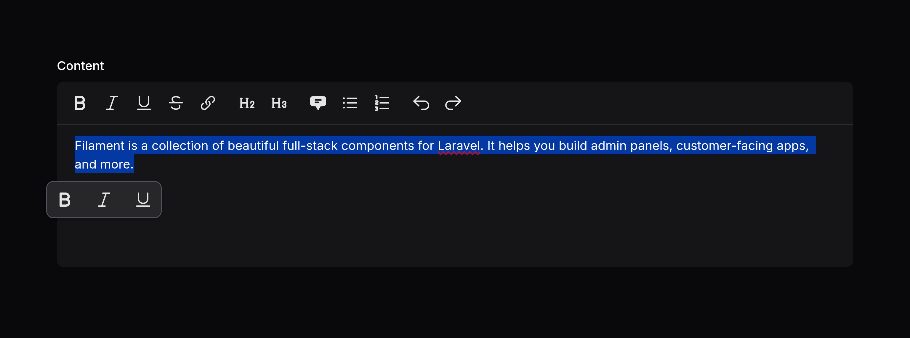 Rich editor with floating toolbar below selected text