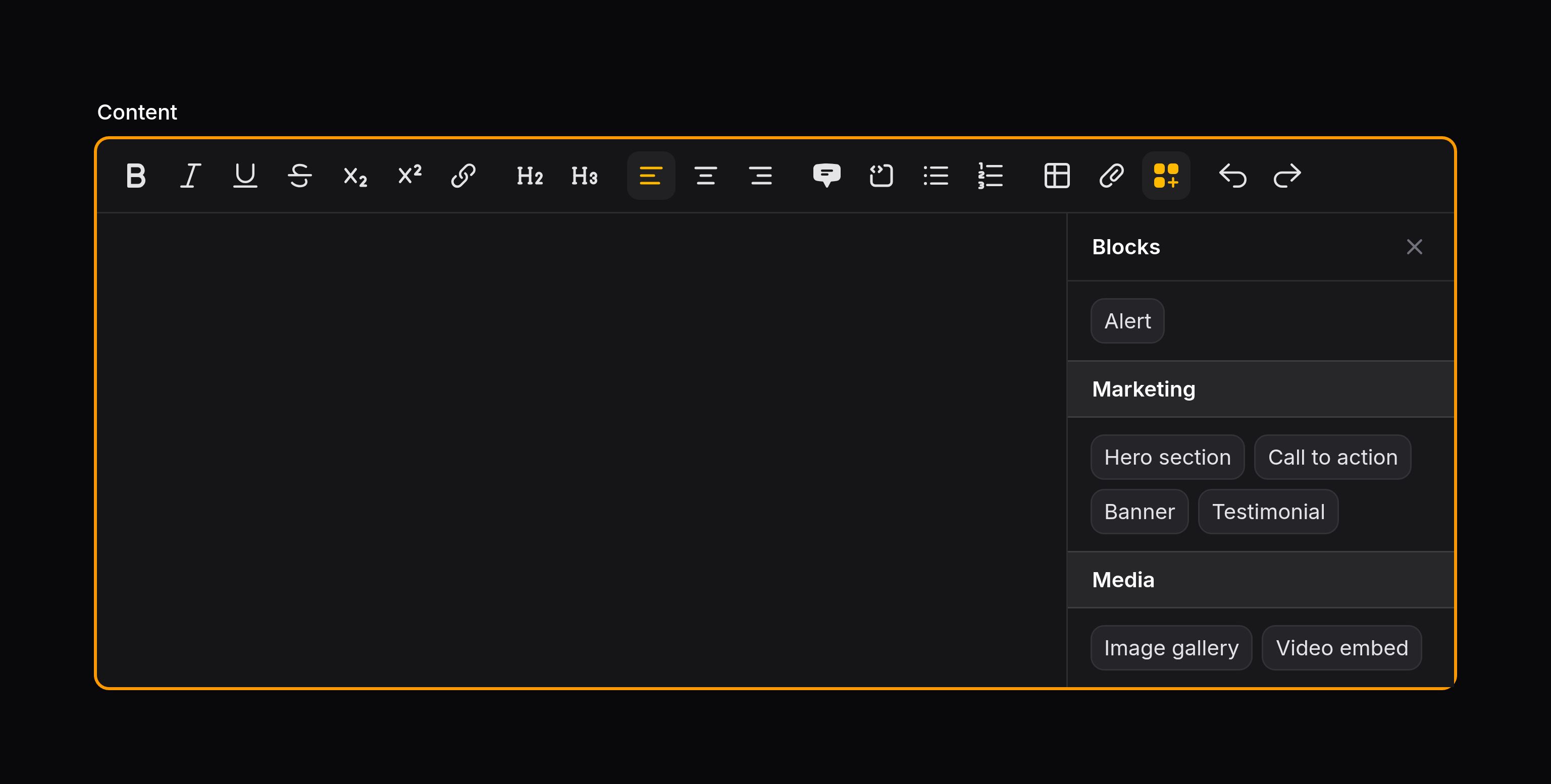 Rich editor with grouped custom blocks panel open