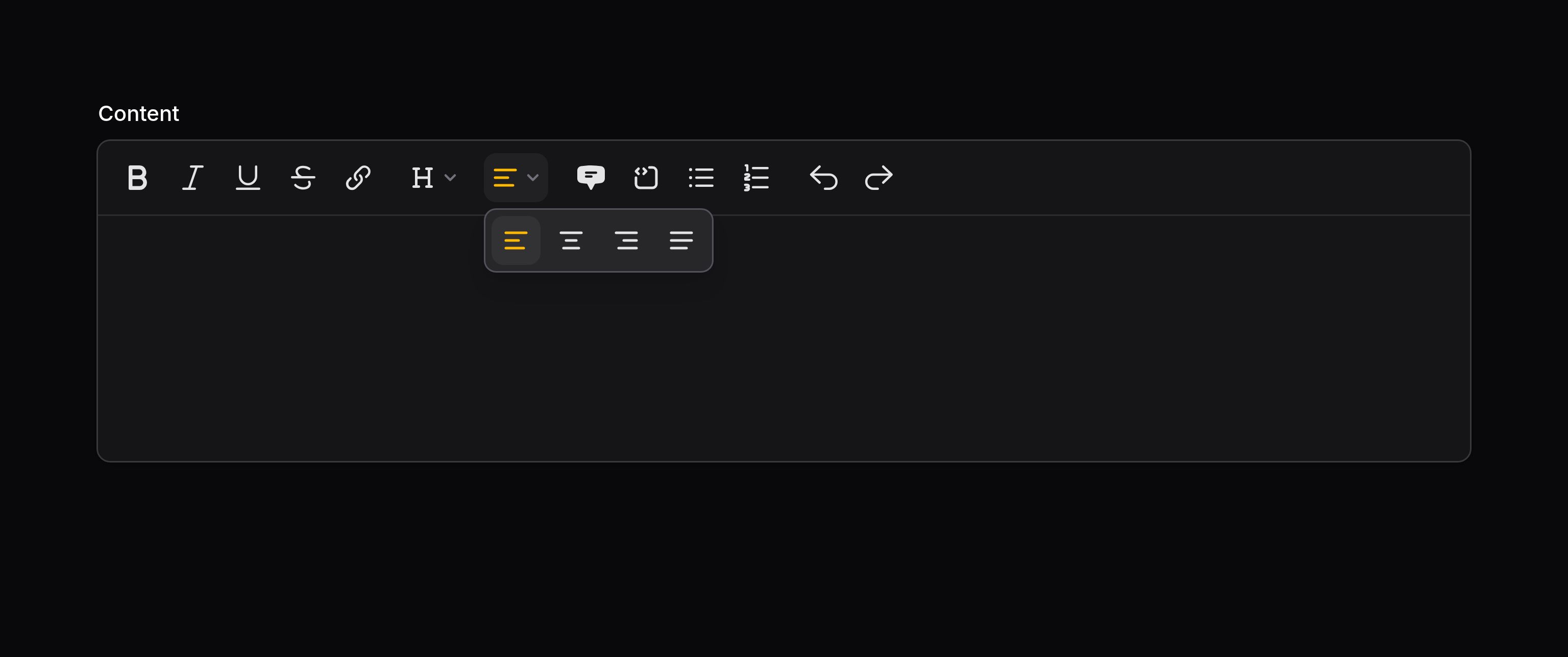 Rich editor with an open toolbar button group dropdown