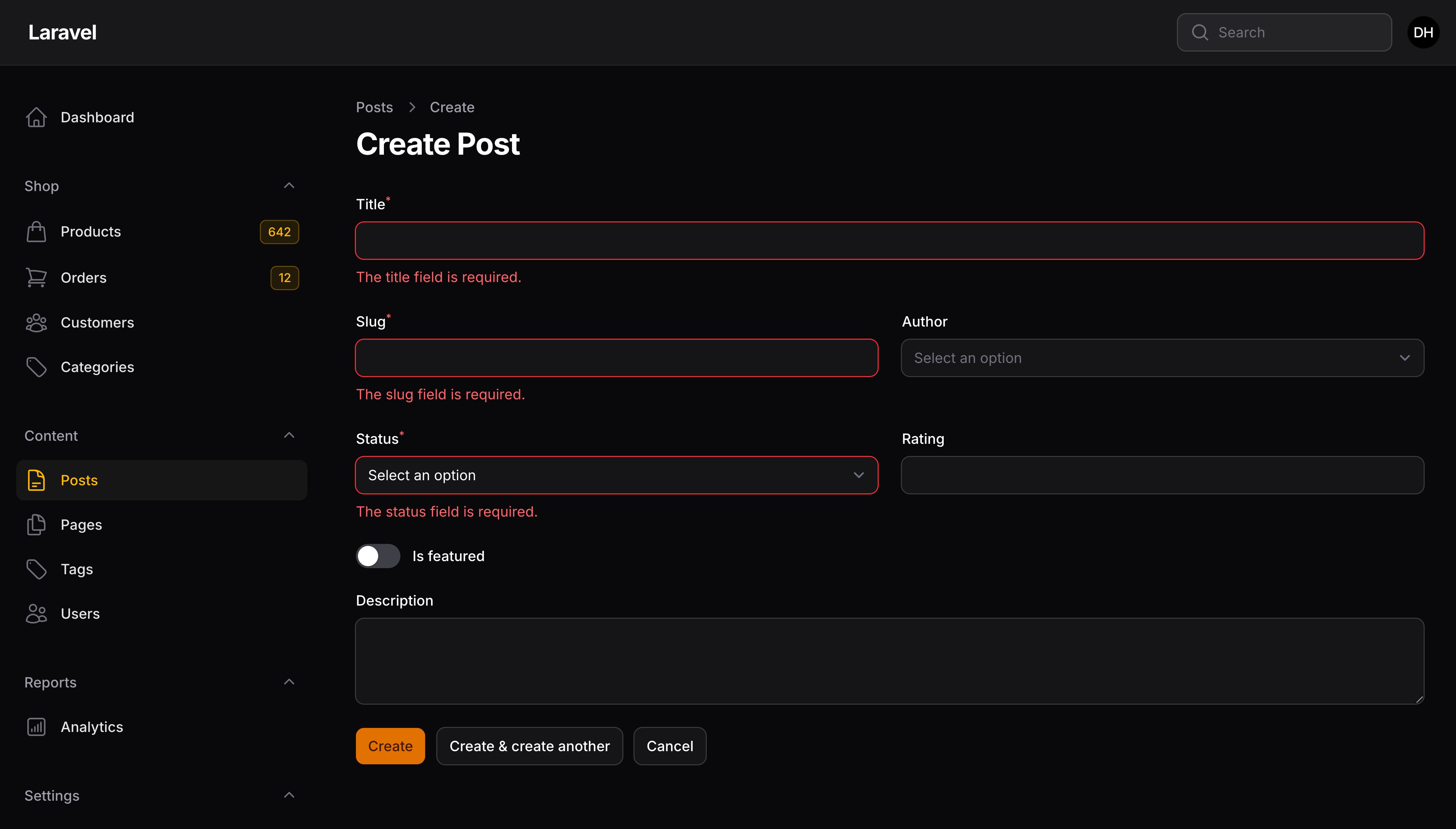 A form with validation errors