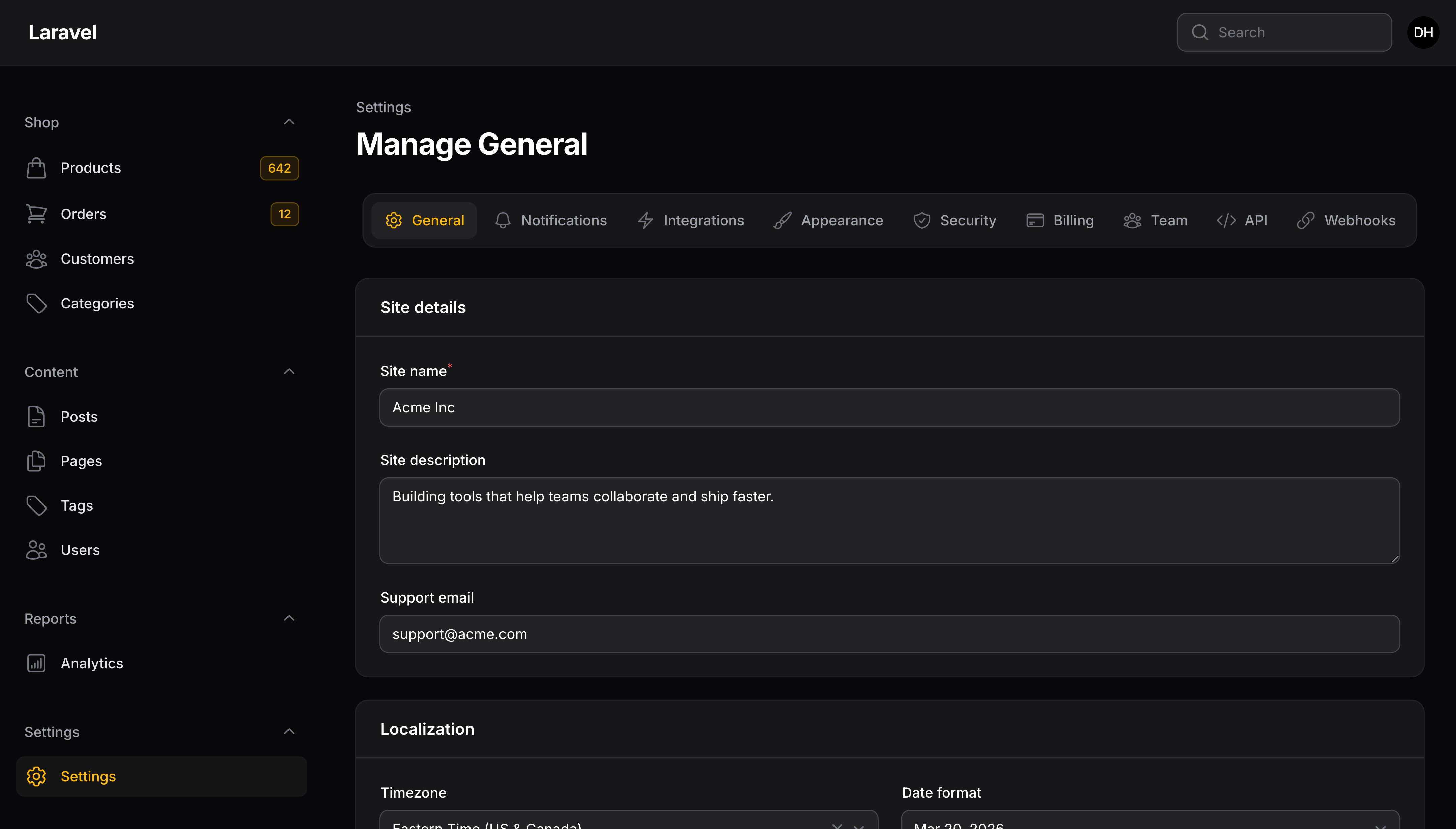 Page with top sub-navigation position