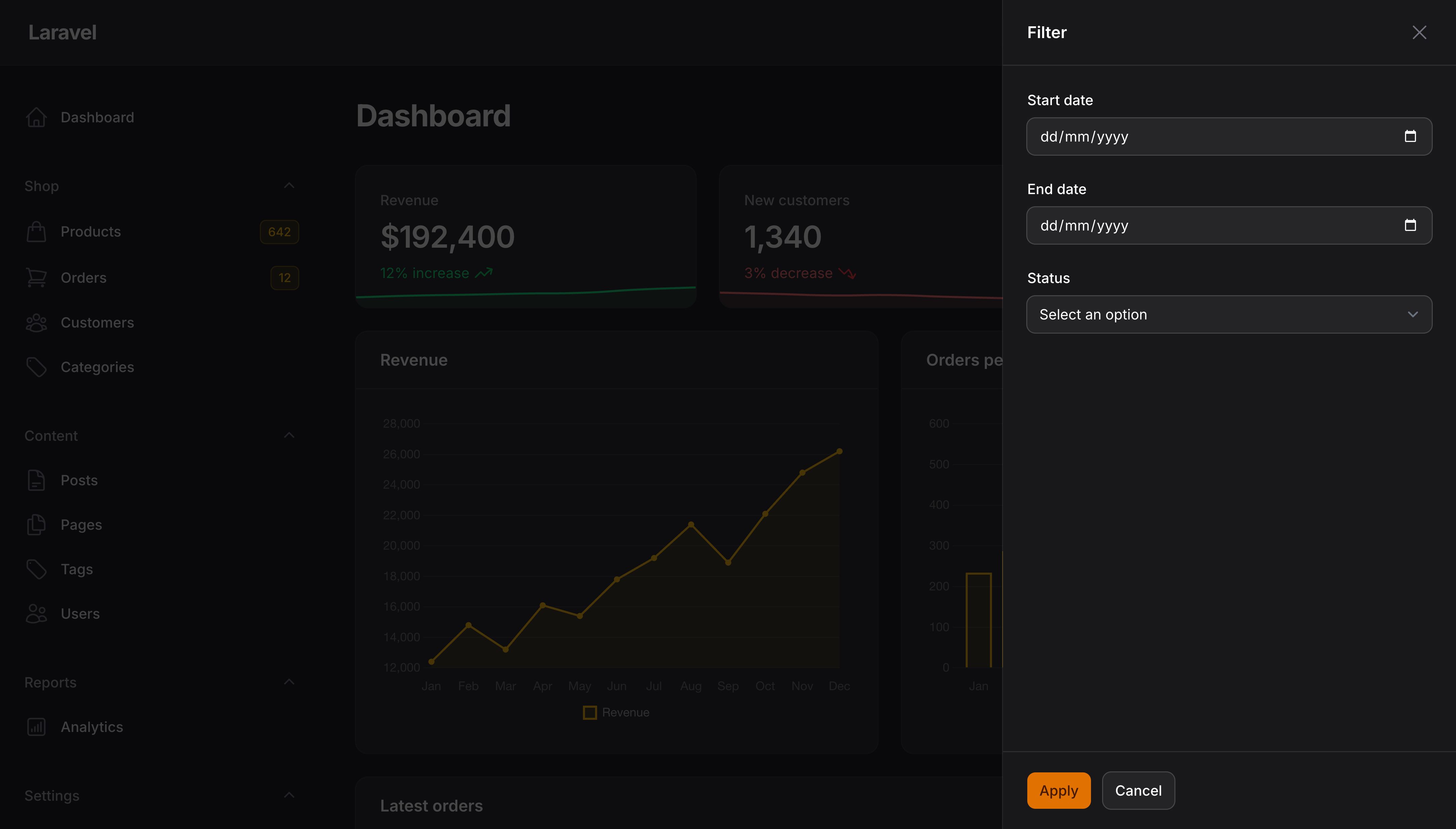 Dashboard with filter action modal