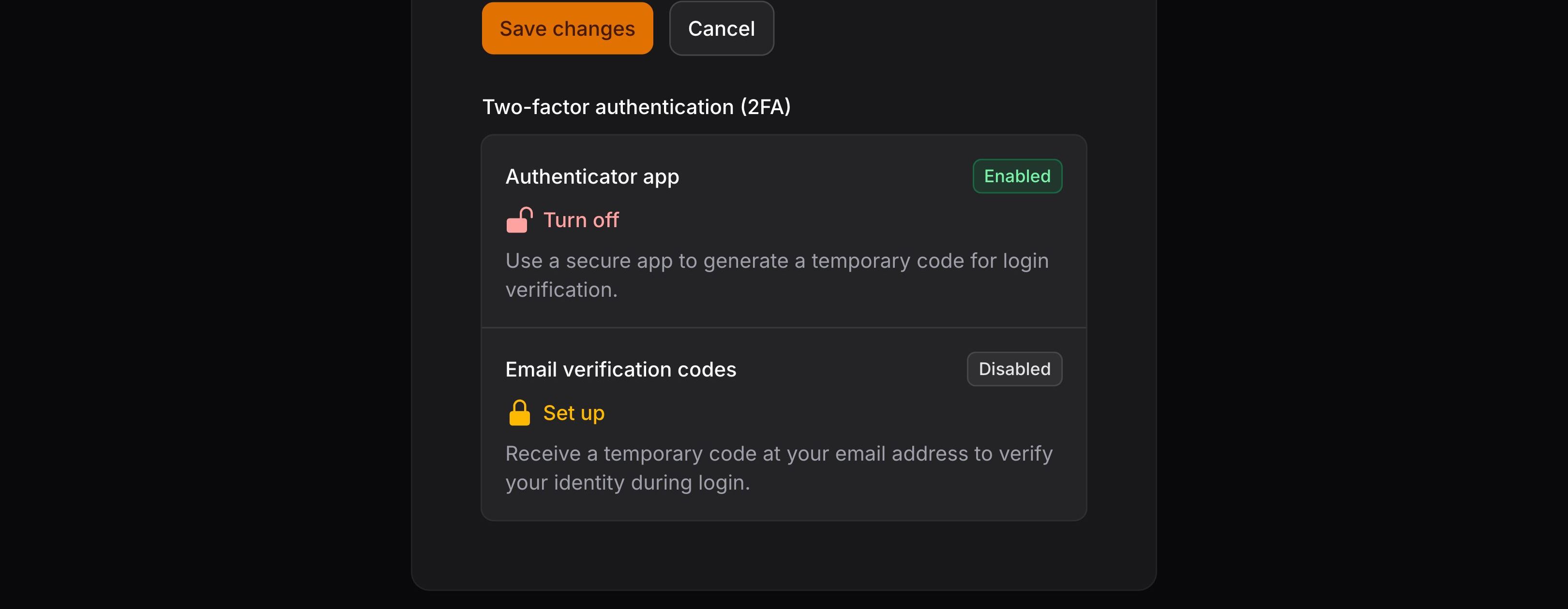Multi-factor authentication options on the profile page