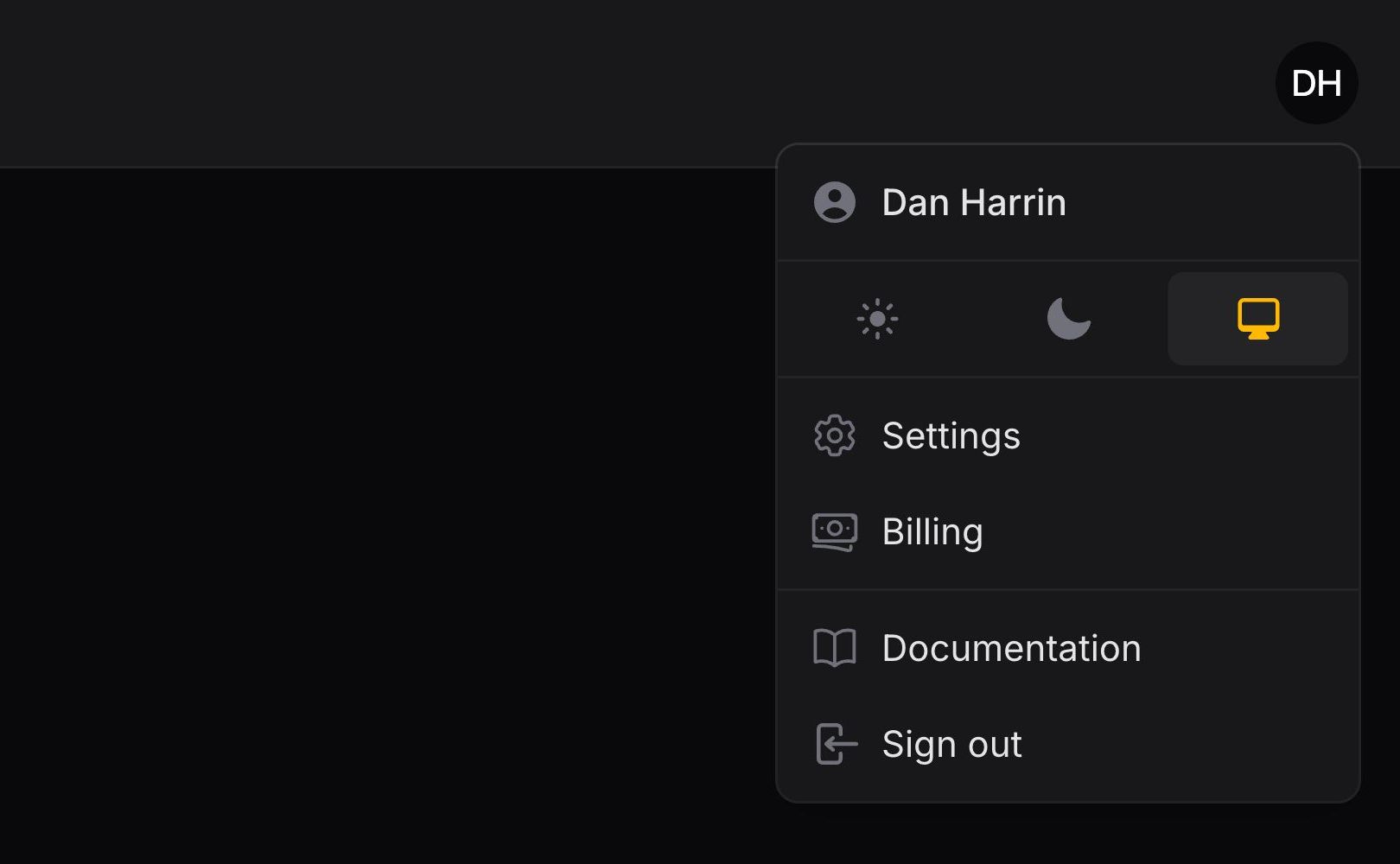 User menu items split into separate groups