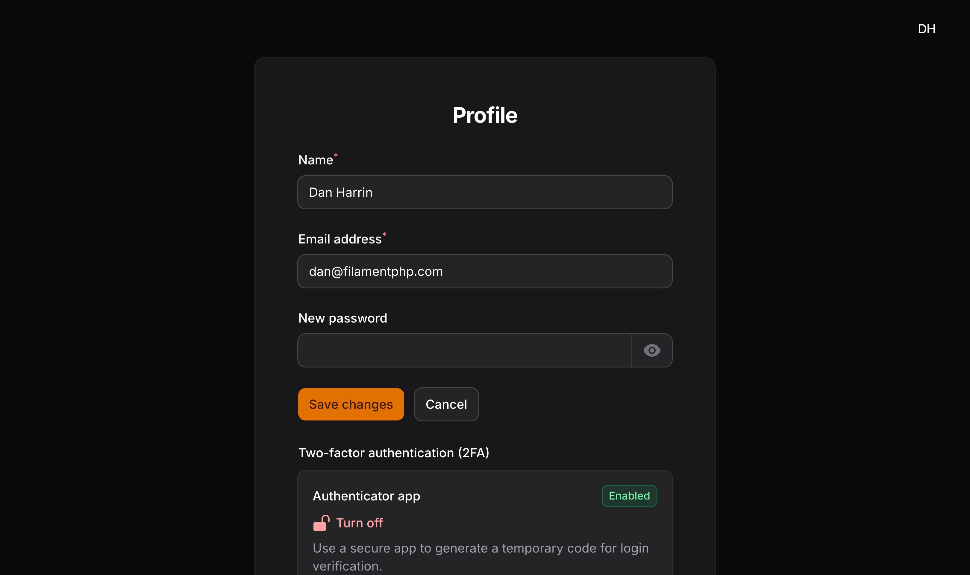 The default profile page