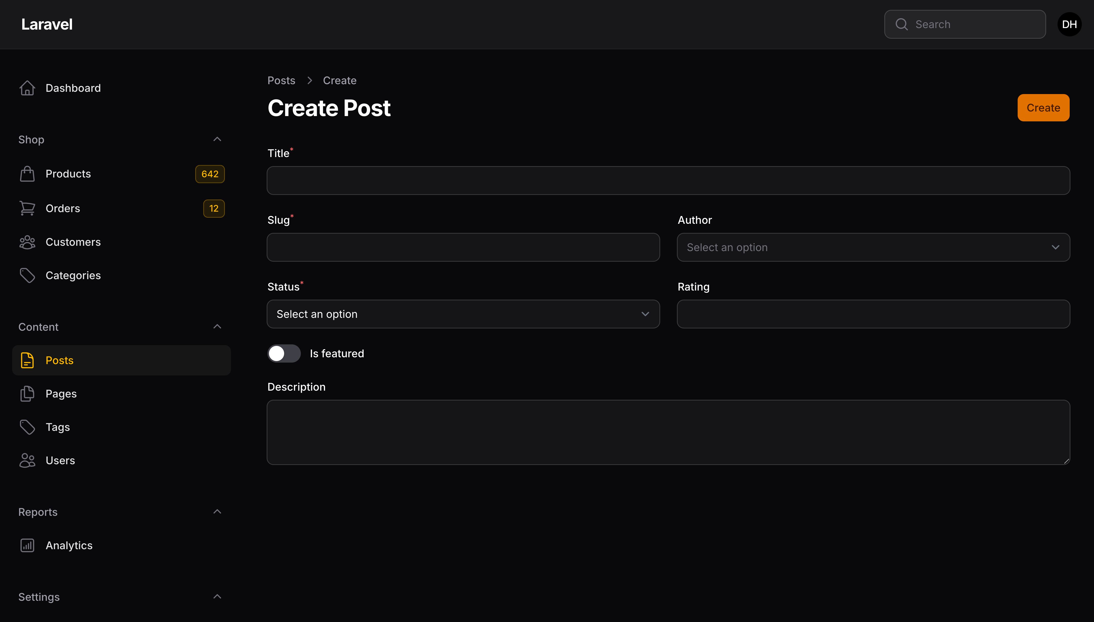 Resource create page with create action in the header