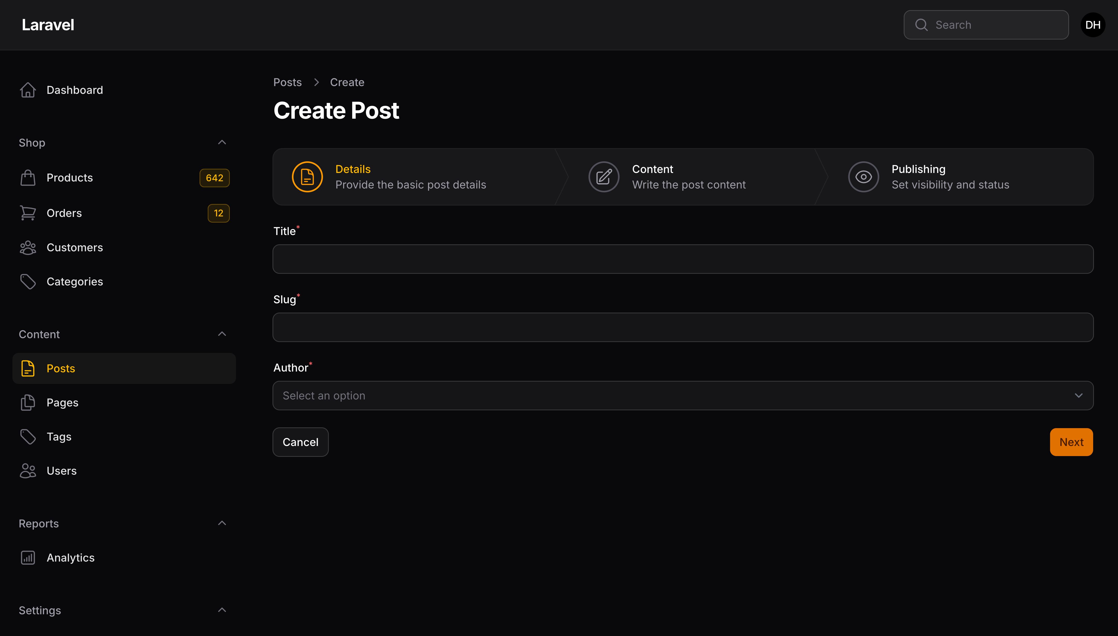 Resource create page with wizard