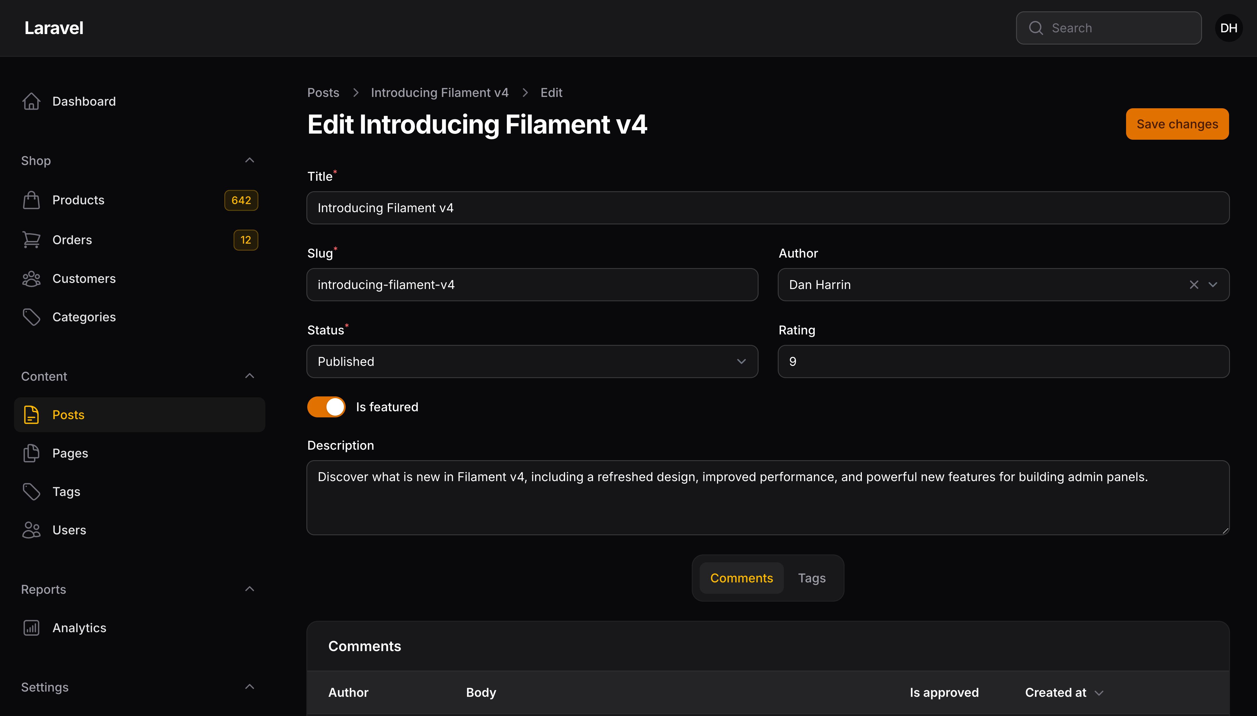 Resource edit page with save action in the header
