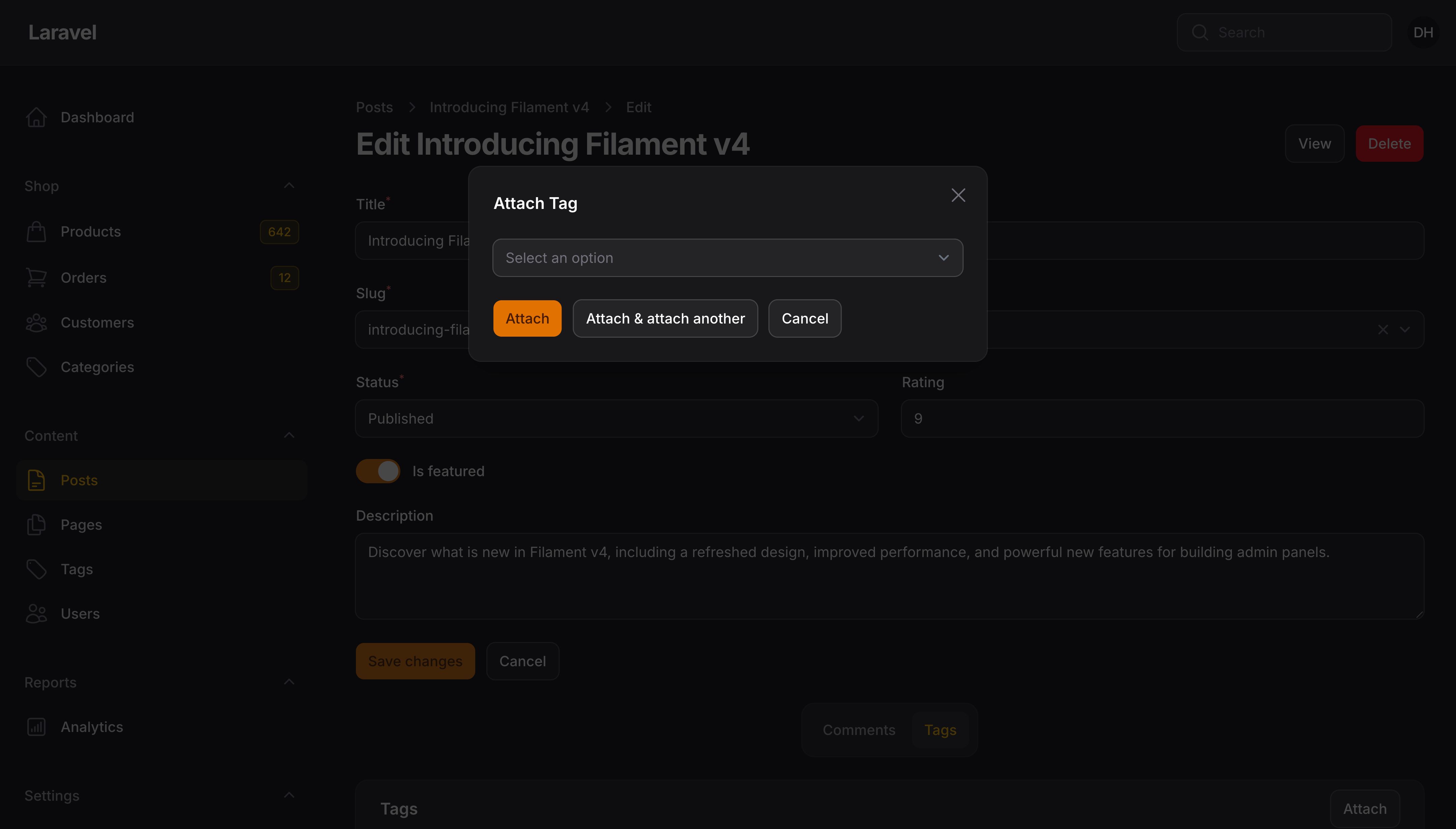 Relation manager attach modal