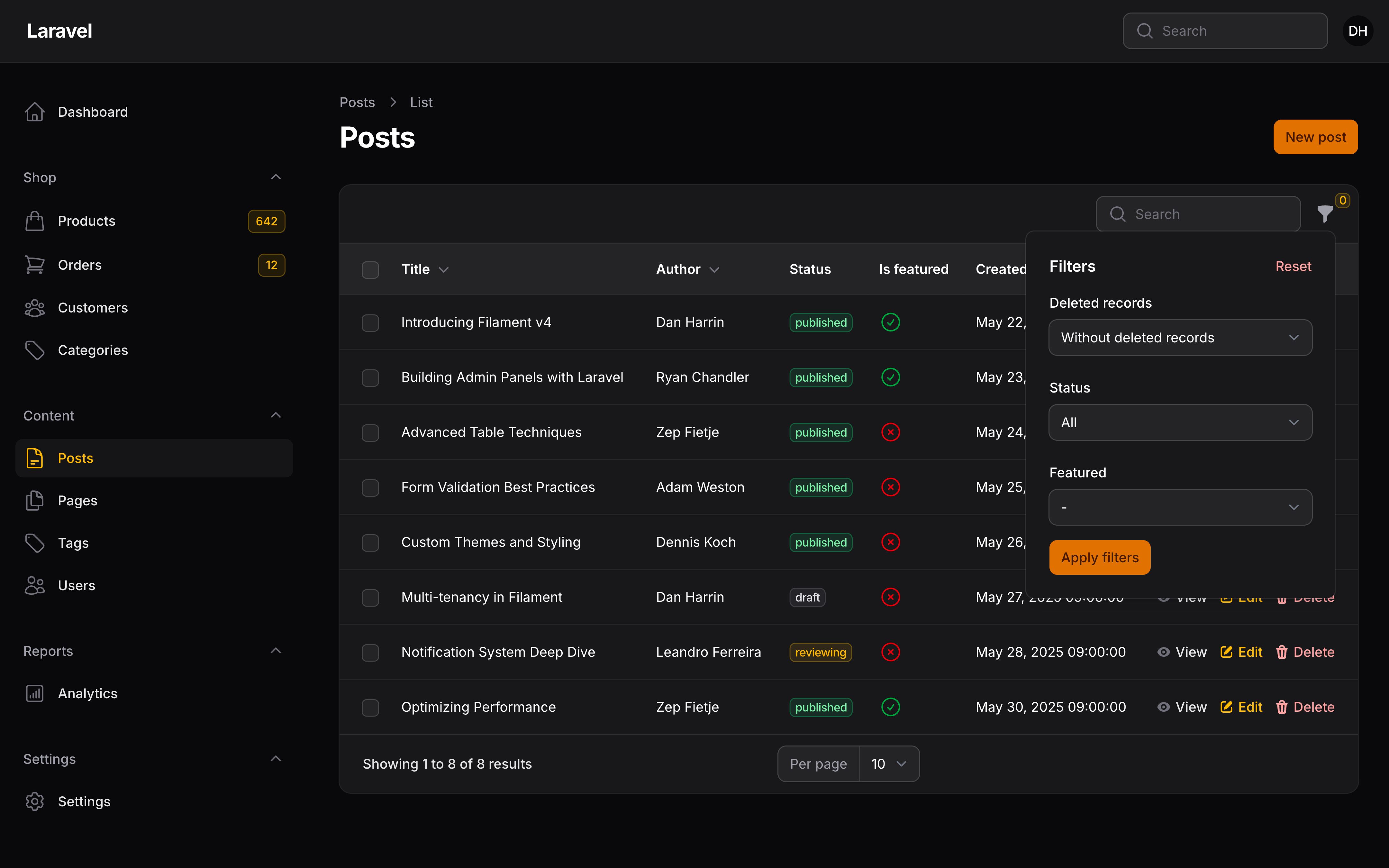 A resource listing with the trashed filter