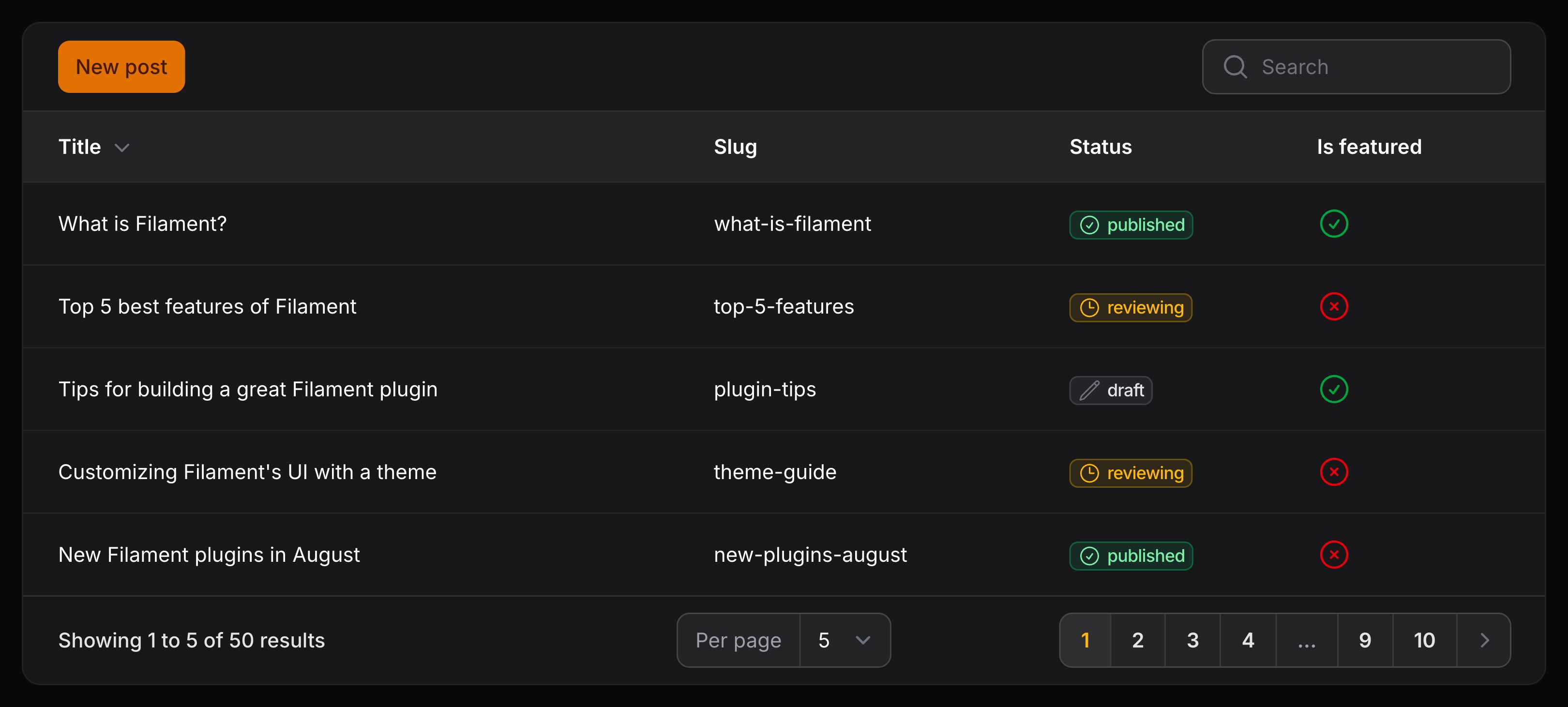 Table with toolbar actions