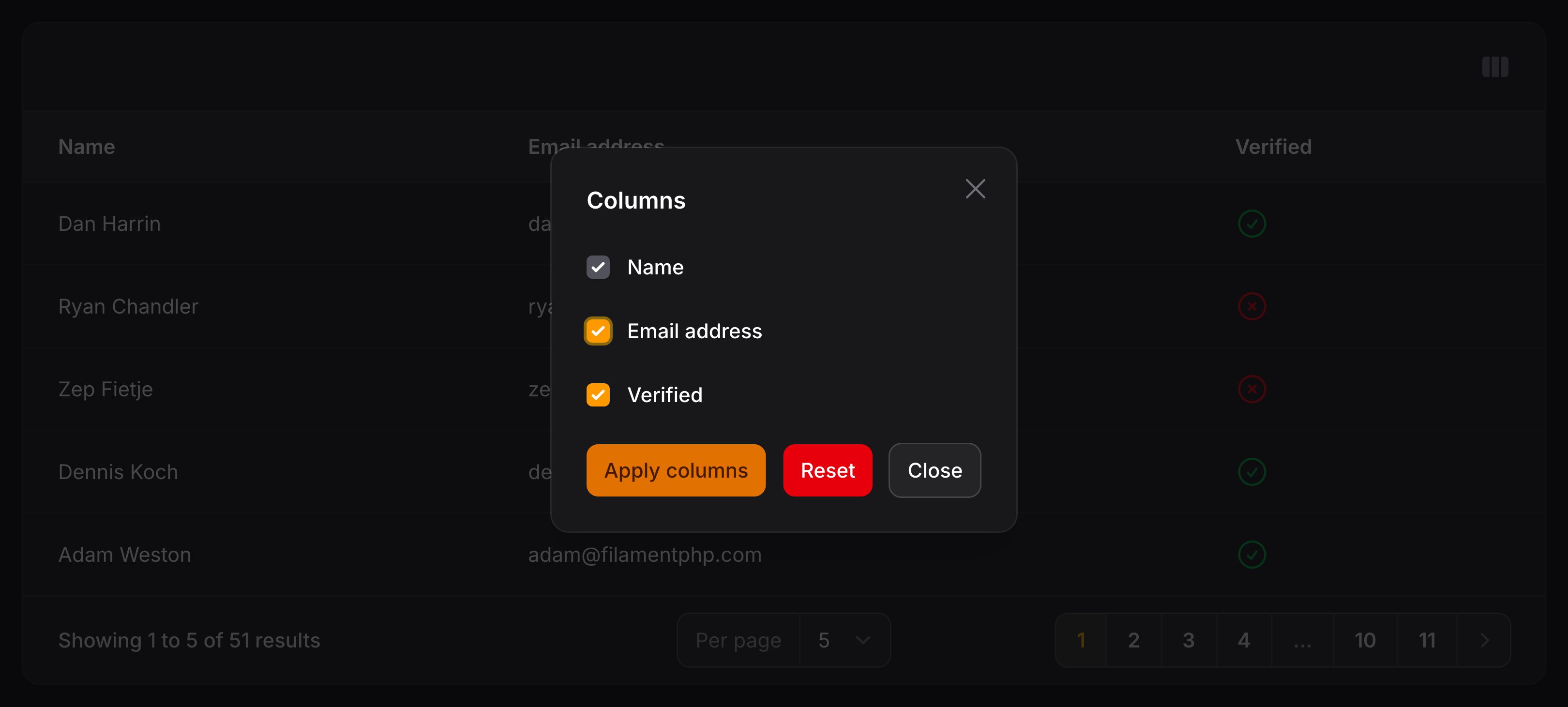 Table with column manager in a modal