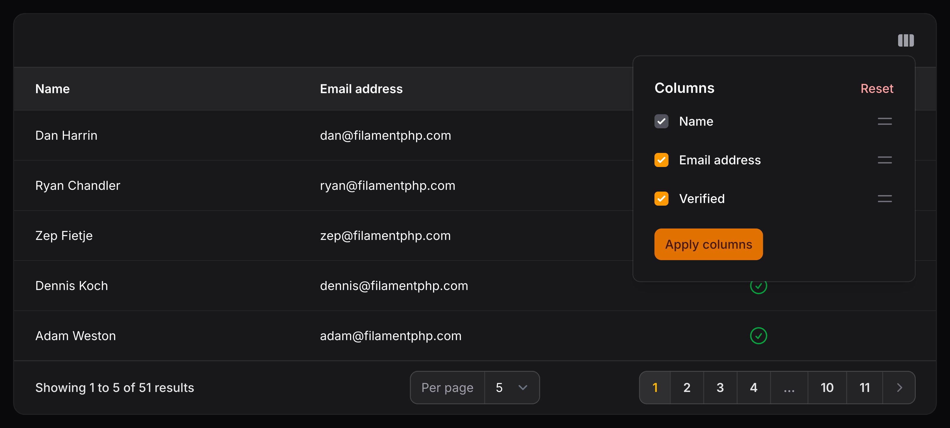 Table with reorderable column manager