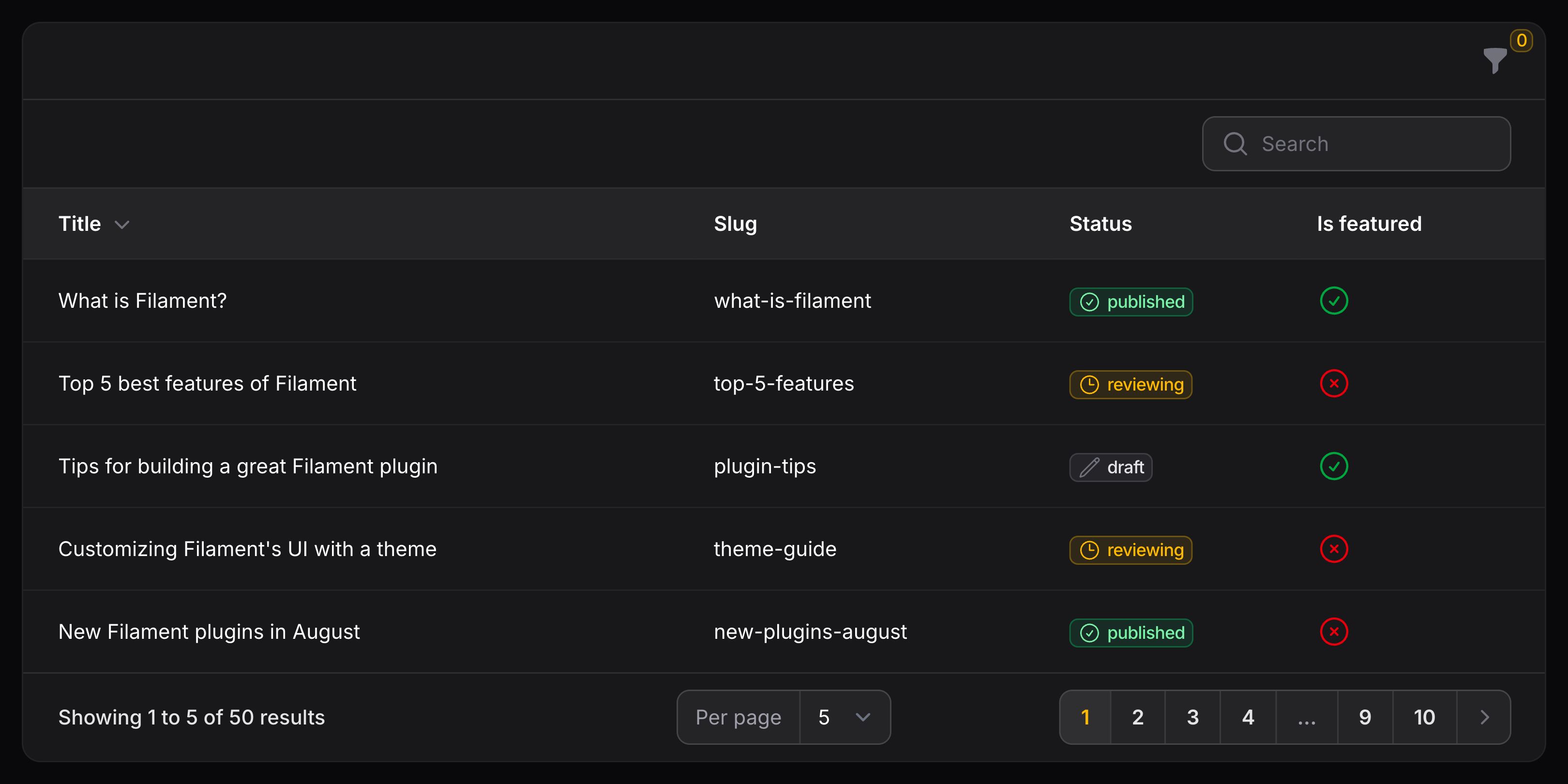 Table with collapsible filters above content