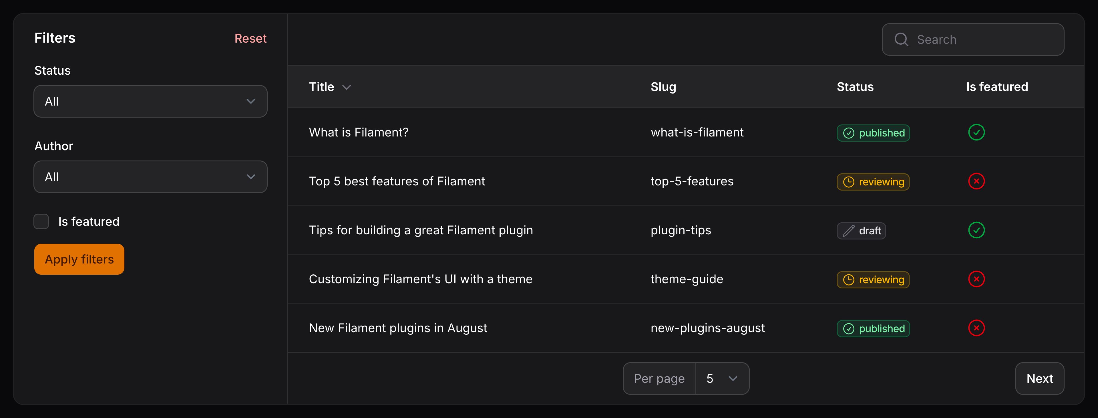 Table with filters before content
