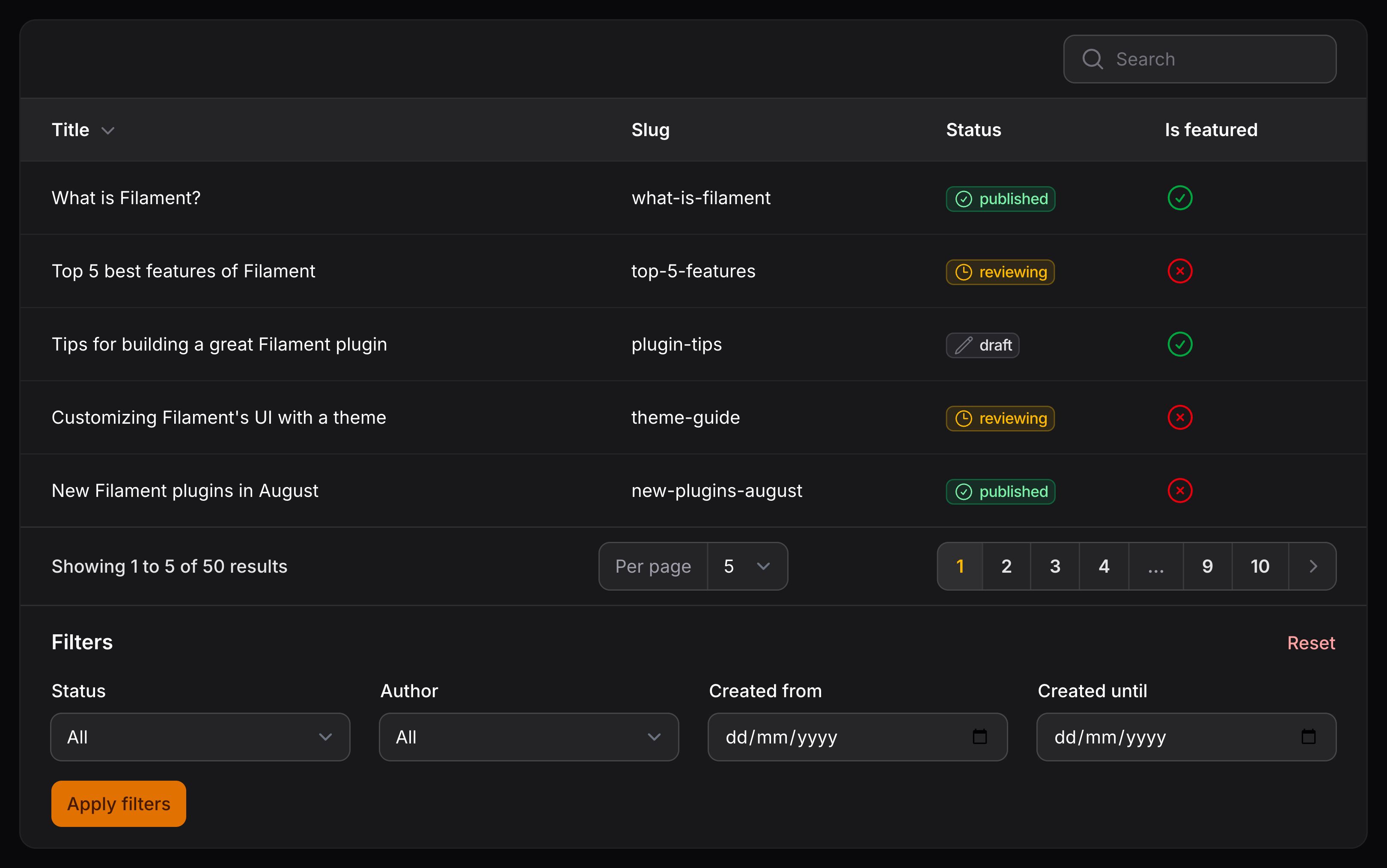 Table with filters below content