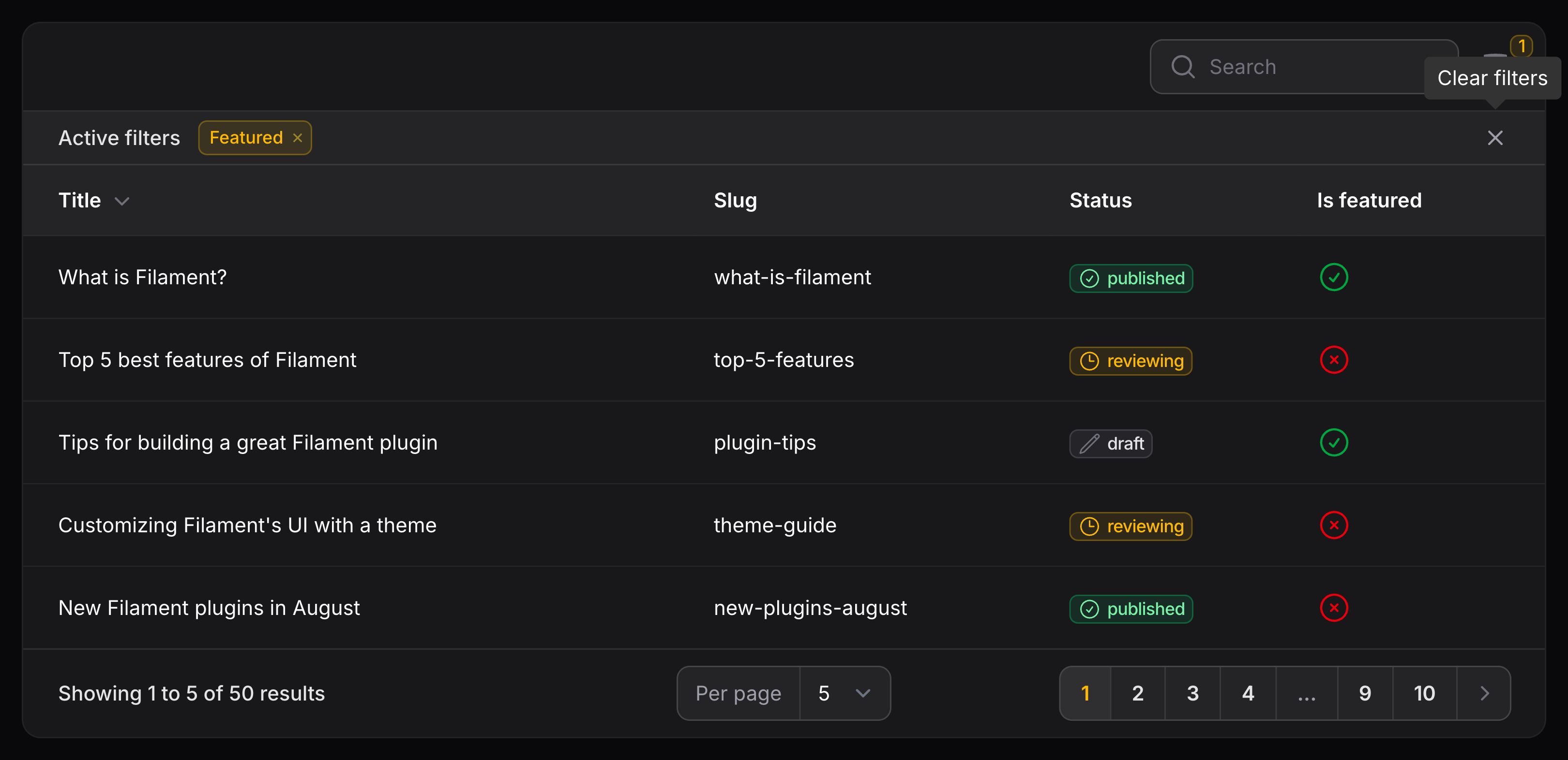 Table with custom filters remove all action