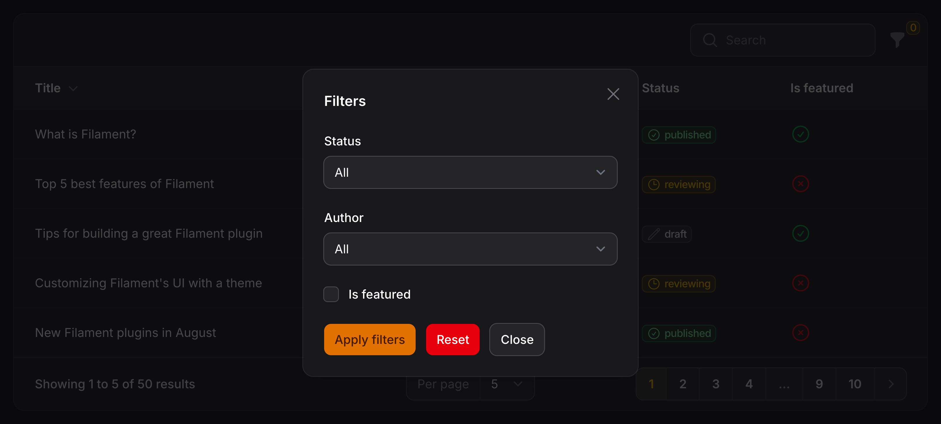 Table with filters in a modal