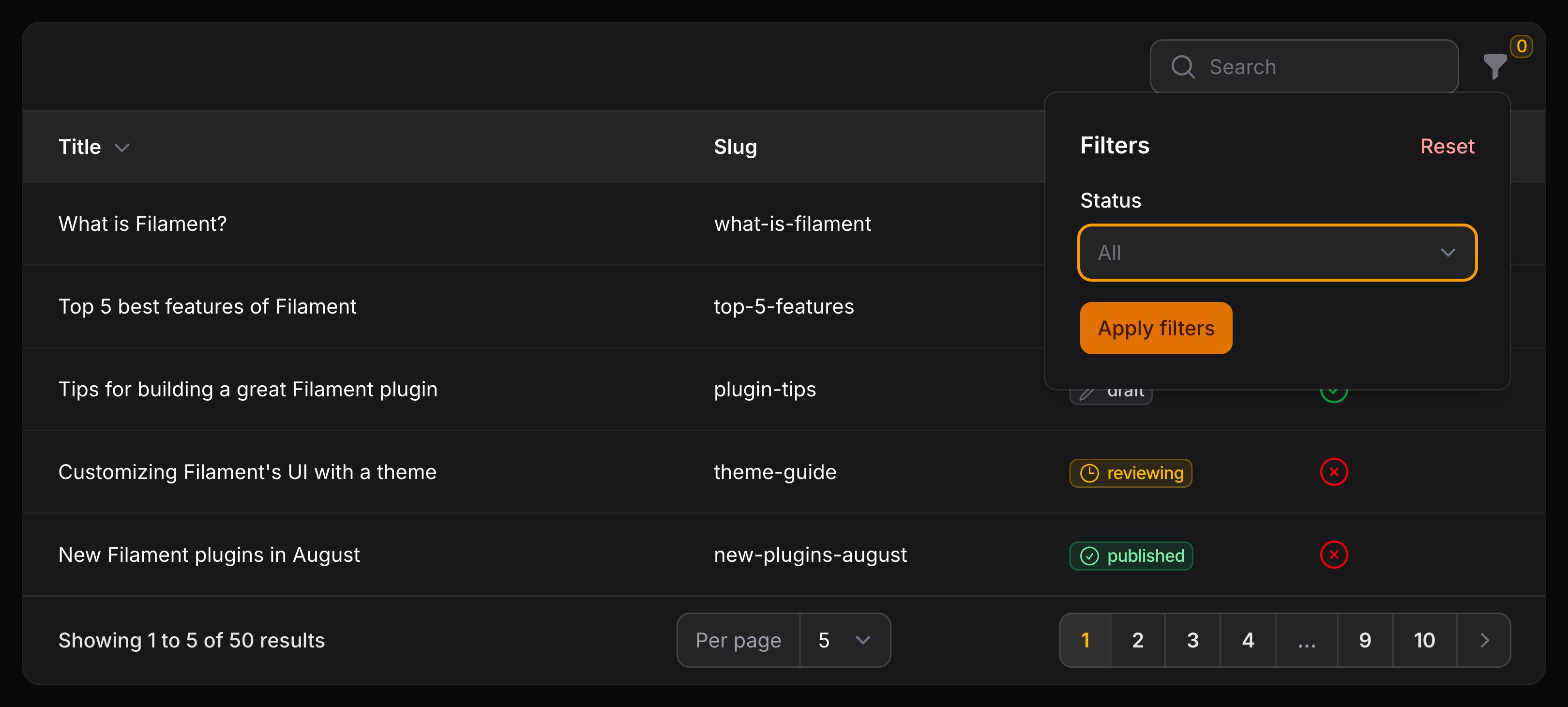 Table with a multi-select filter