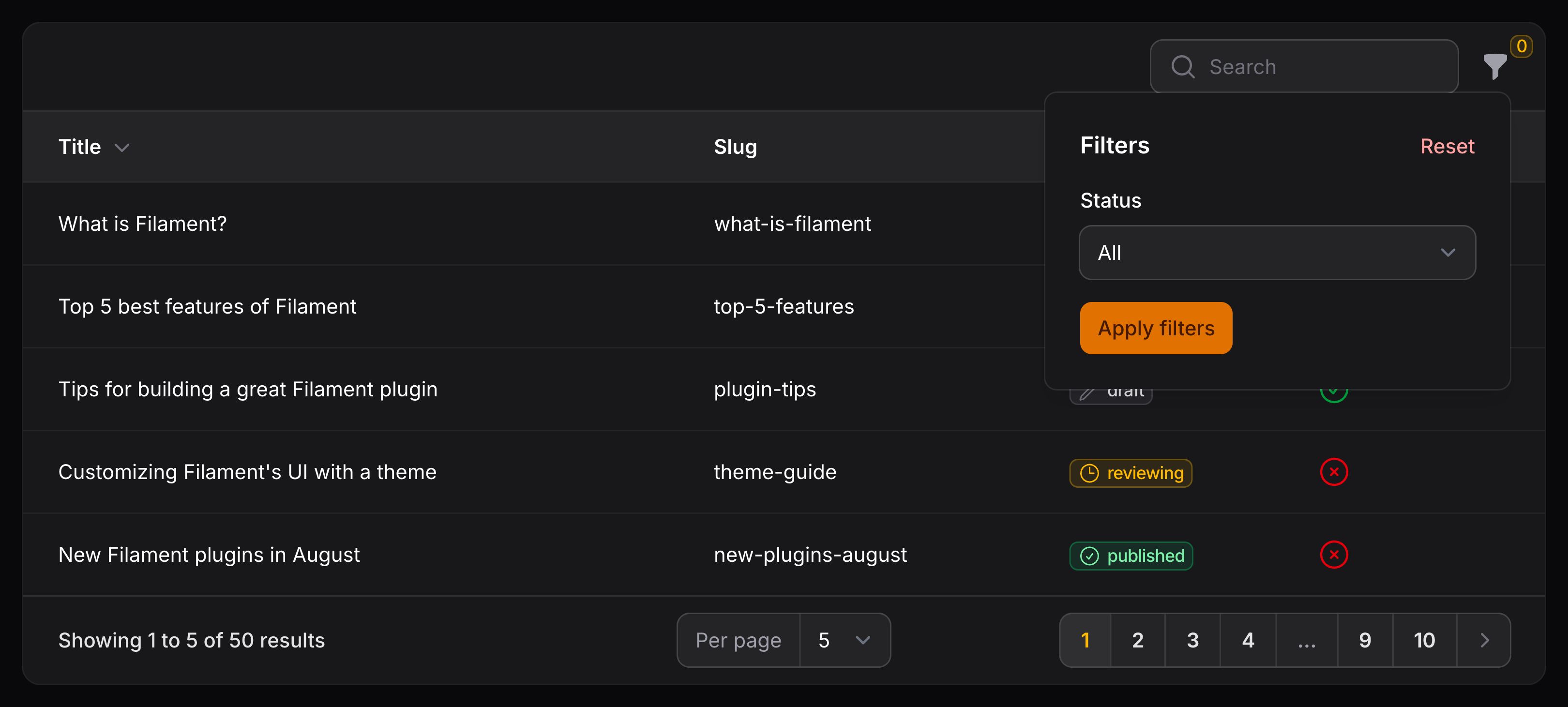 Table with select filter
