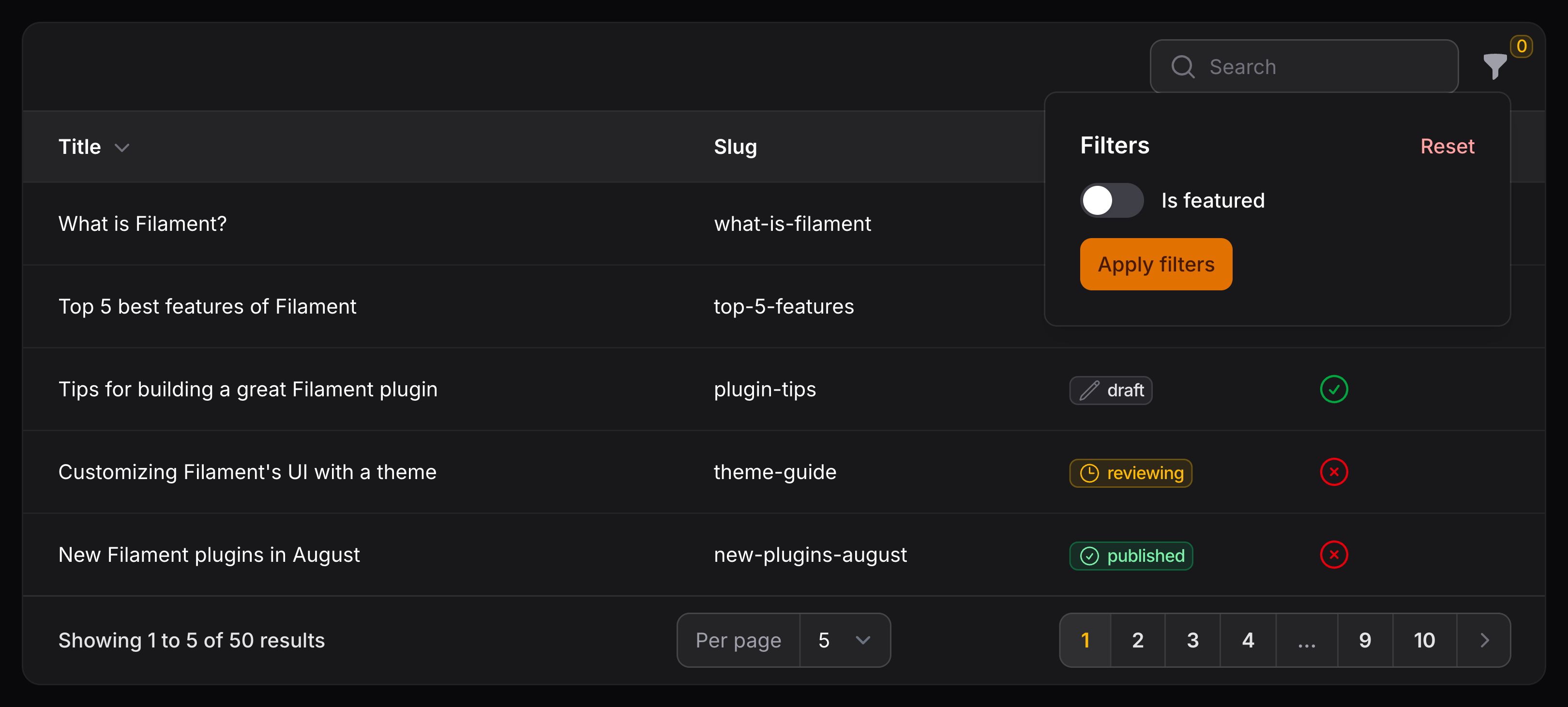 Table with toggle filter
