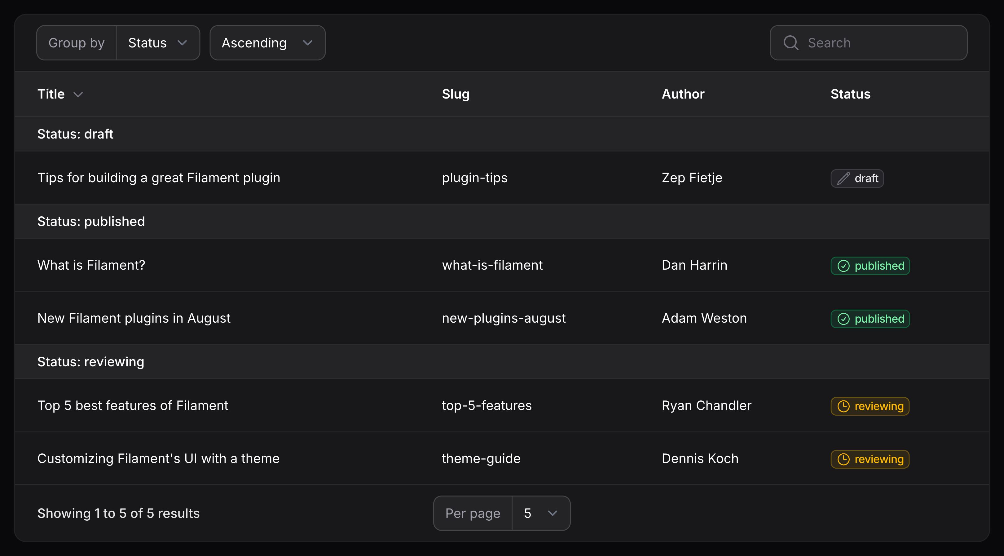 Table with selectable grouping