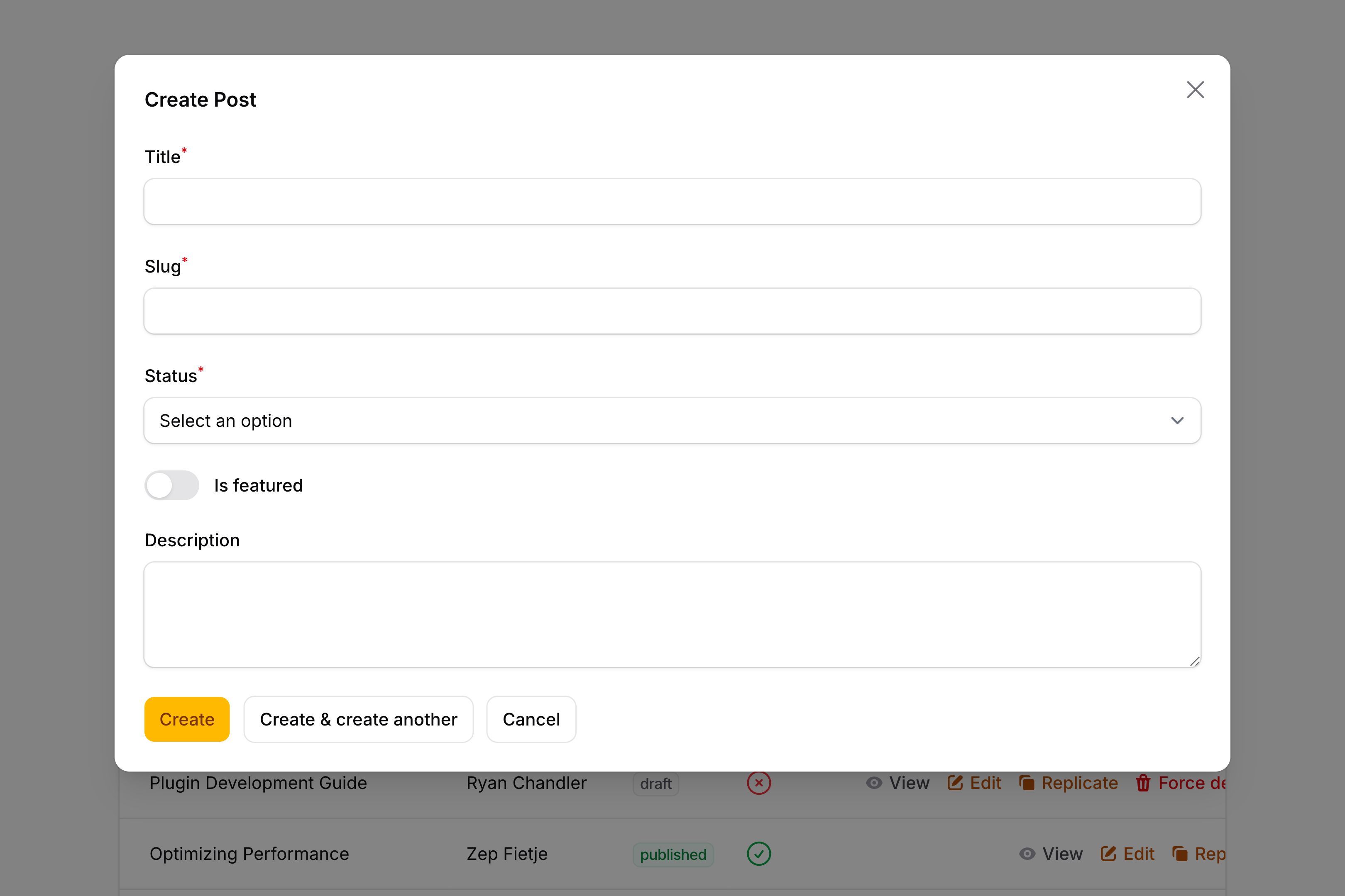 Create action modal