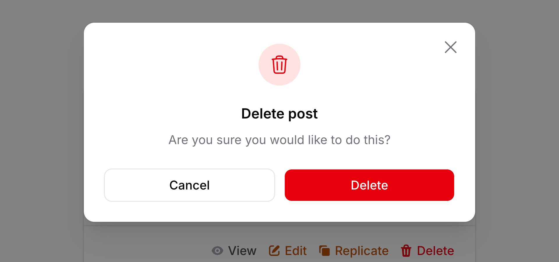Delete action modal