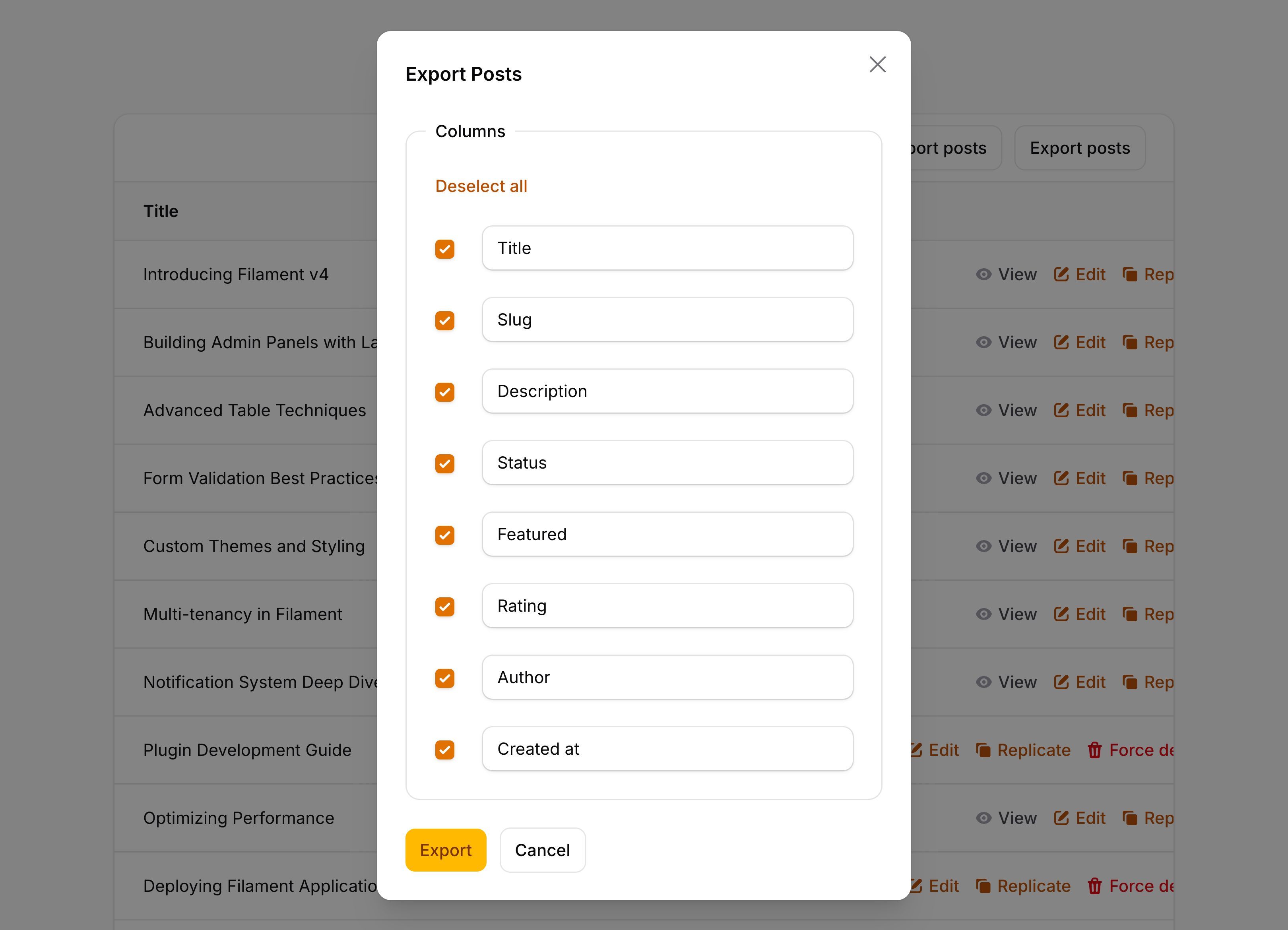Export action modal