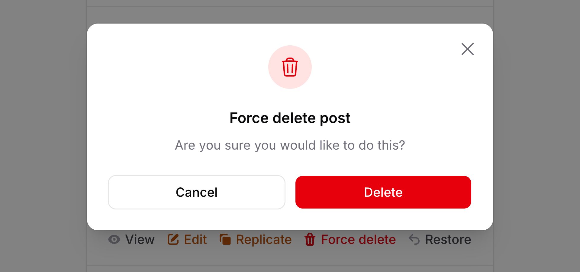 Force-delete action modal