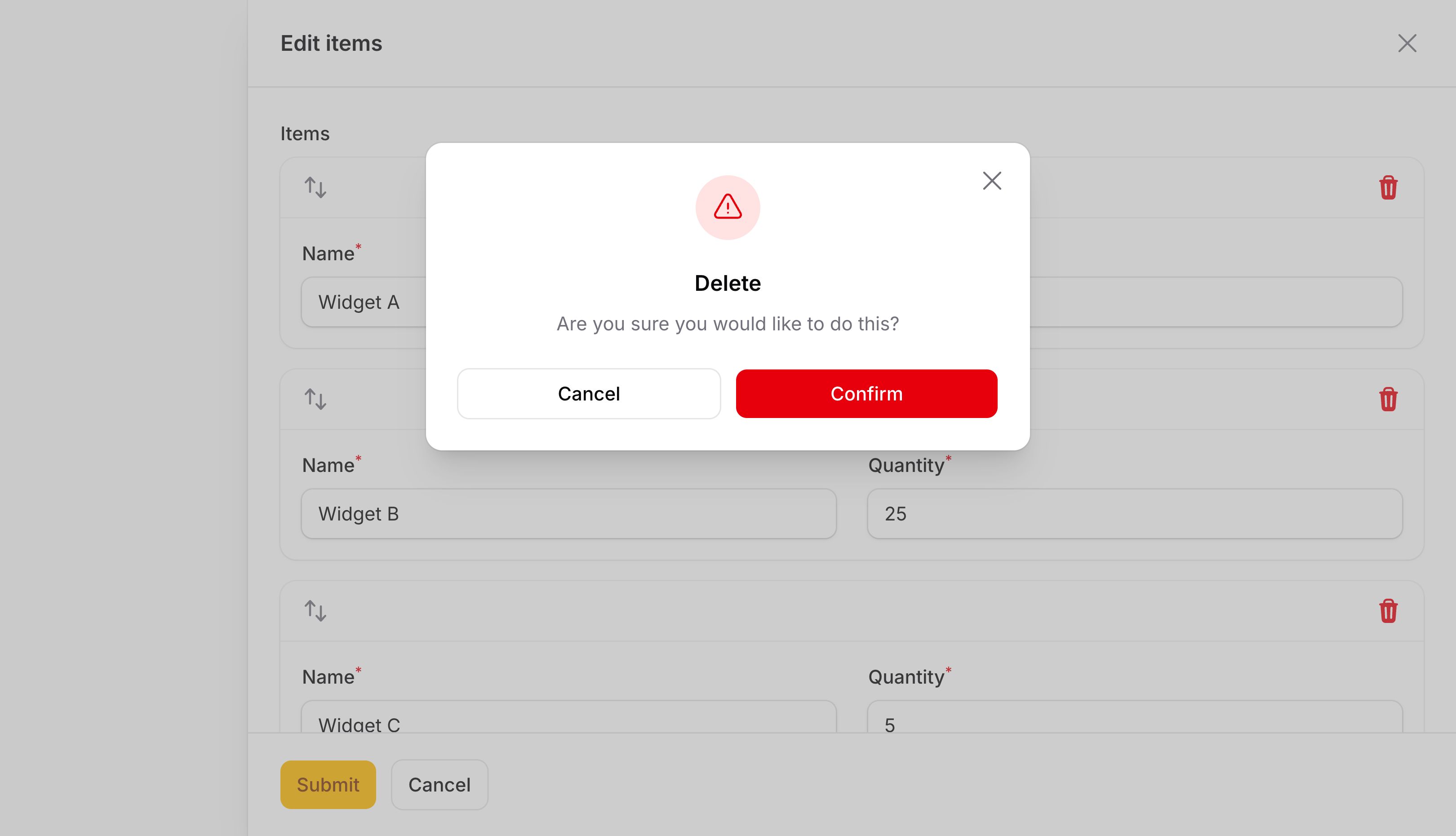 Child confirmation modal overlaying a parent slide-over