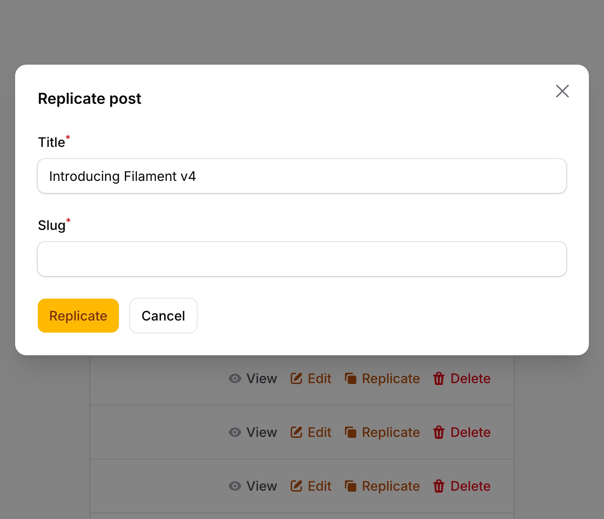 Replicate action modal