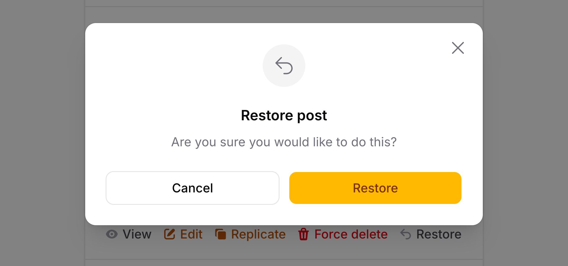 Restore action modal