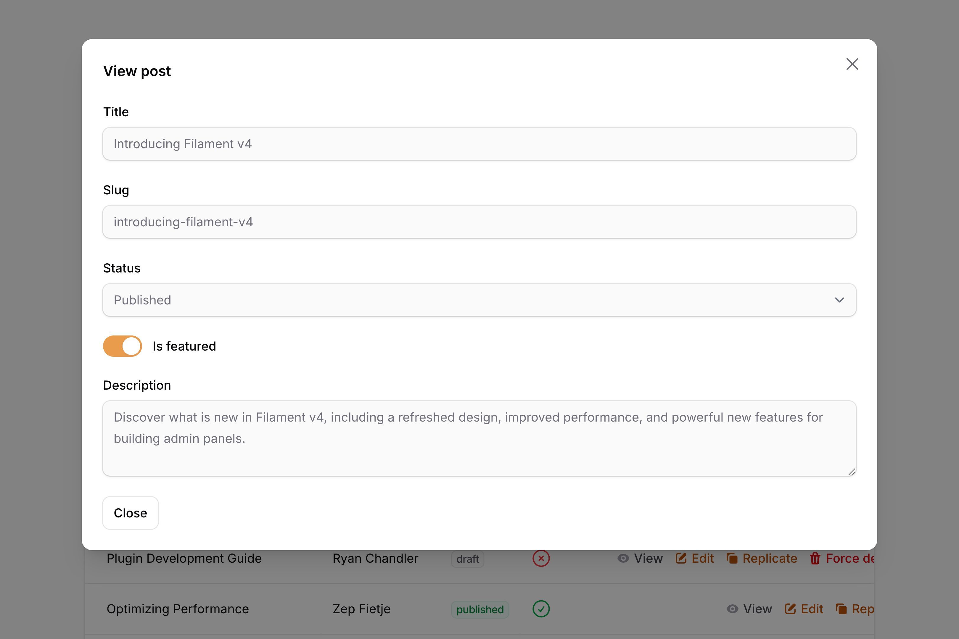 View action modal