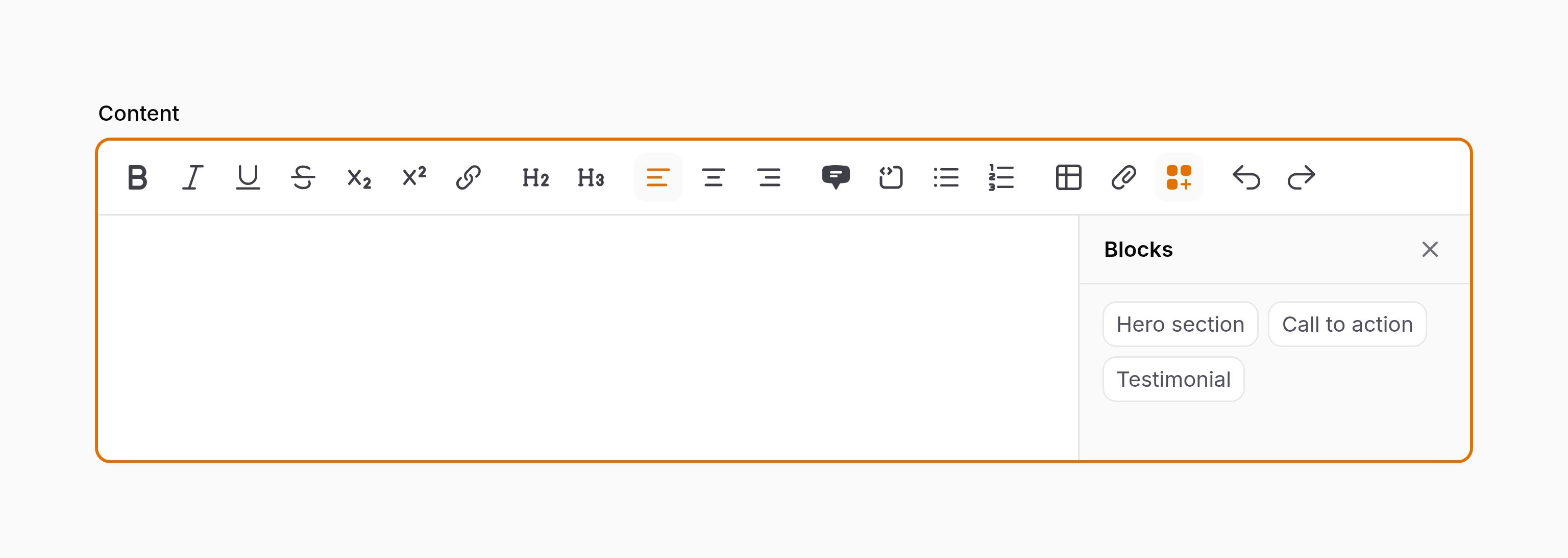 Rich editor with custom blocks panel open