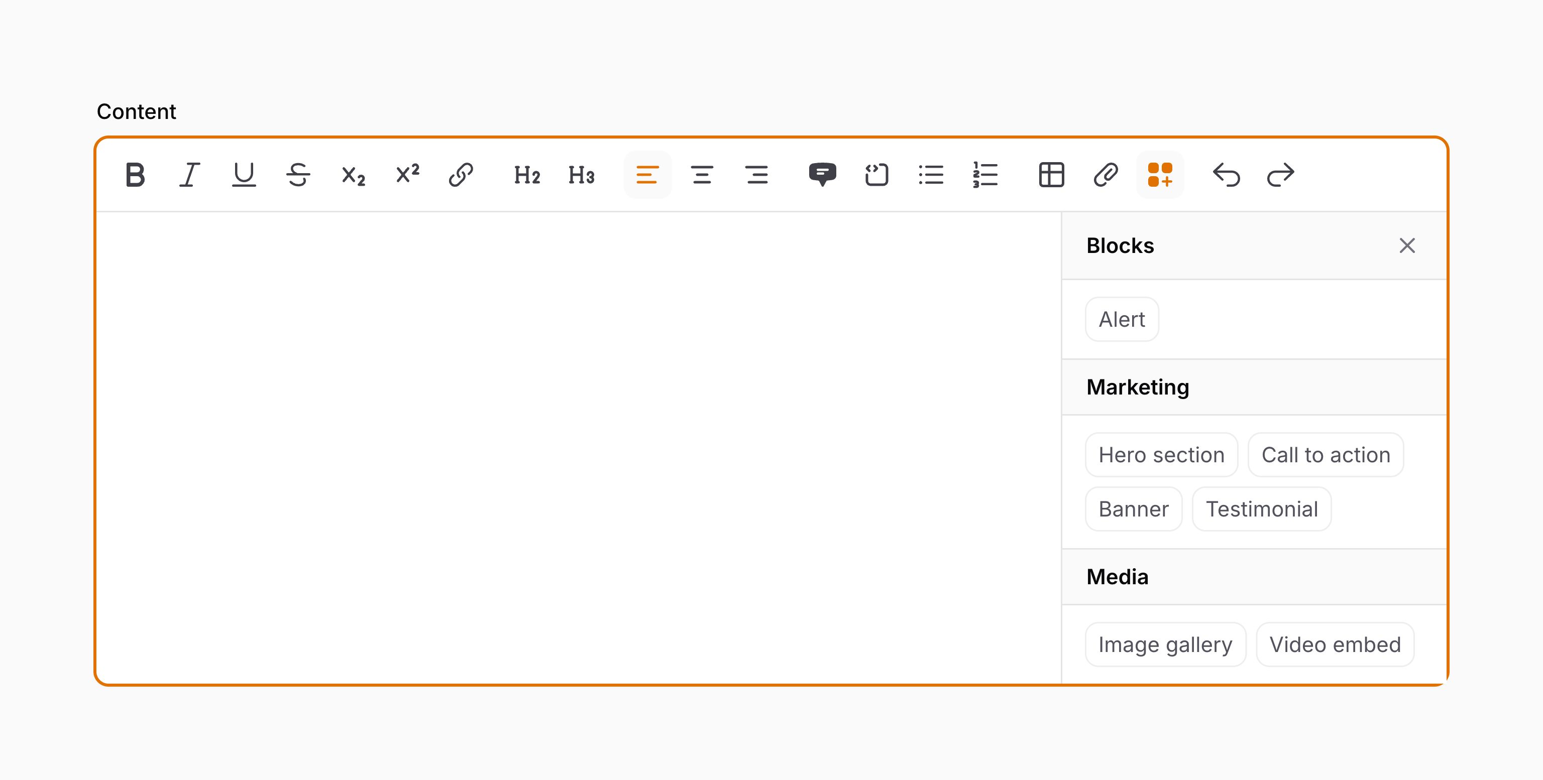 Rich editor with grouped custom blocks panel open