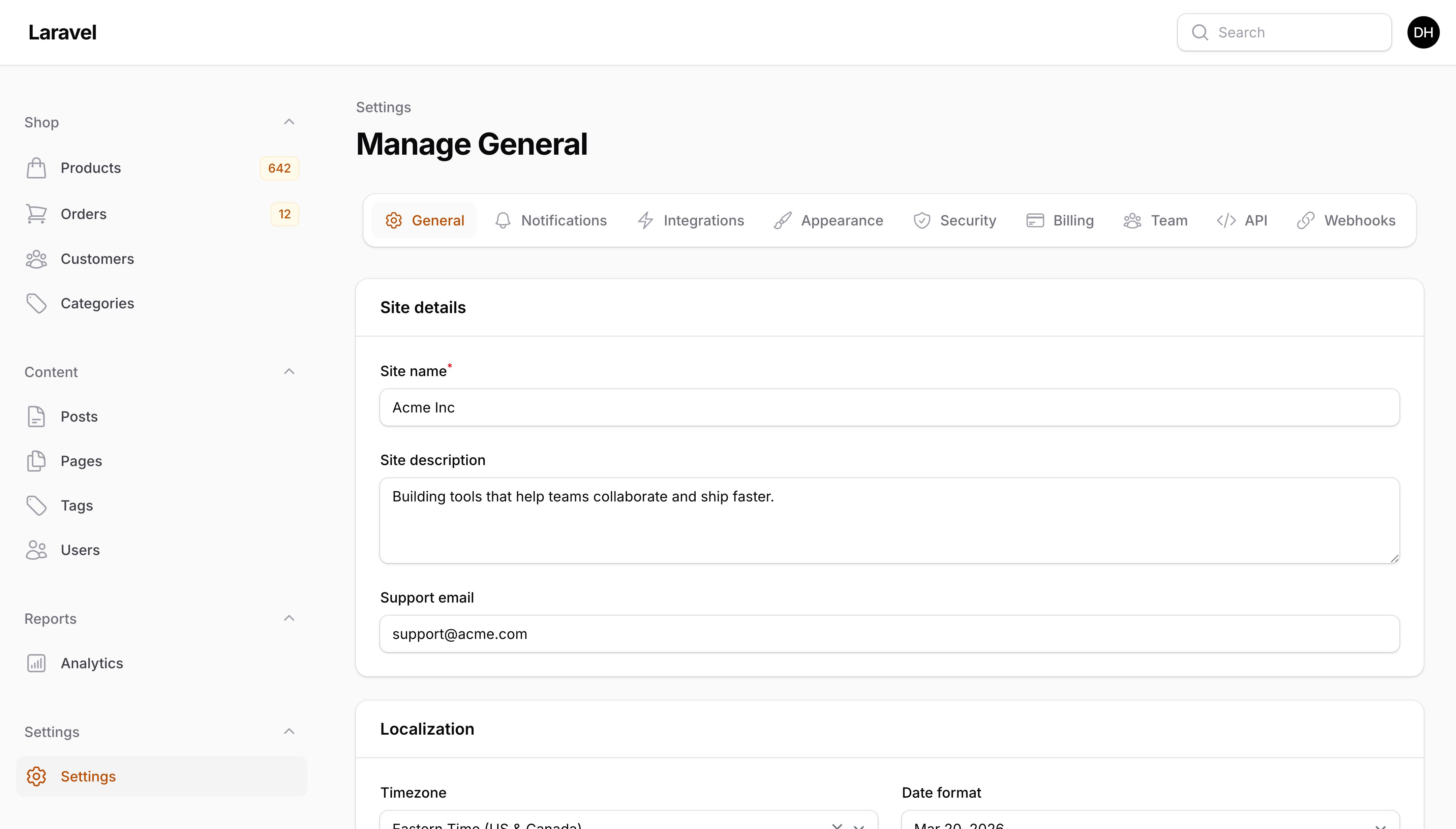 Page with top sub-navigation position