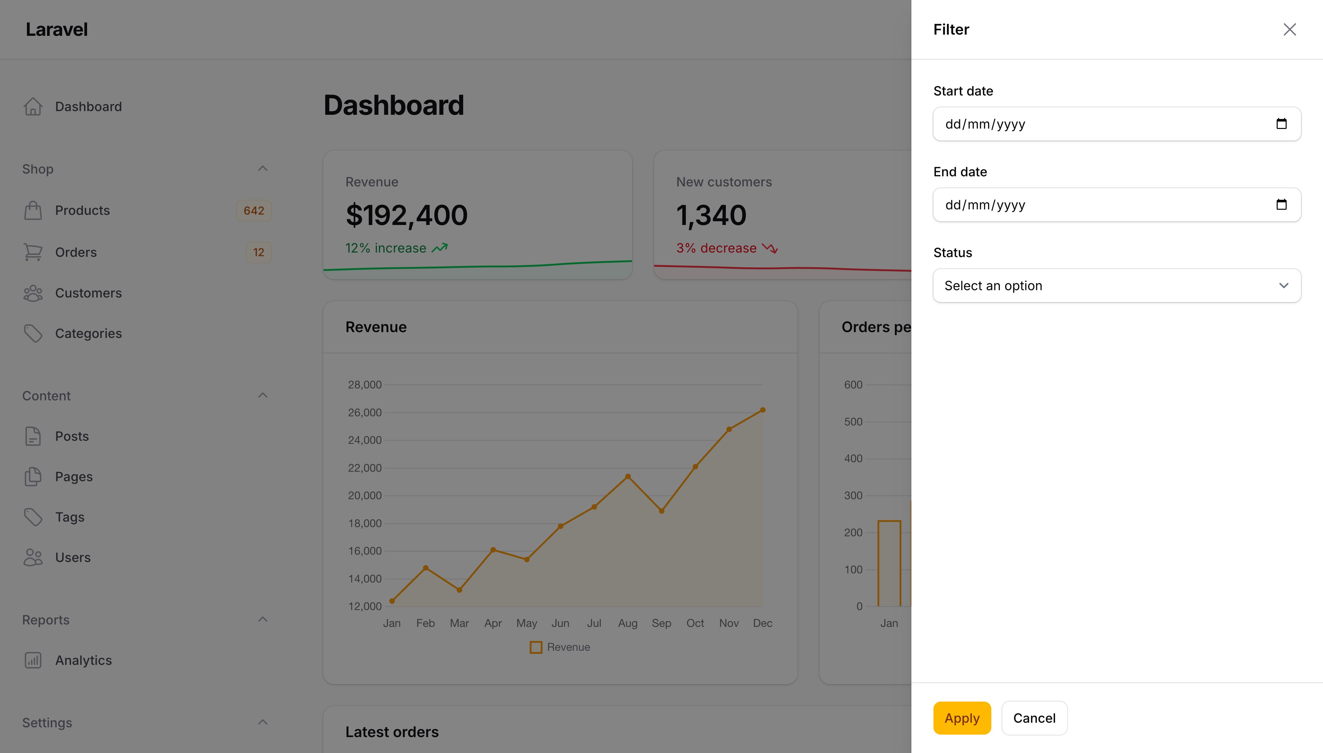 Dashboard with filter action modal