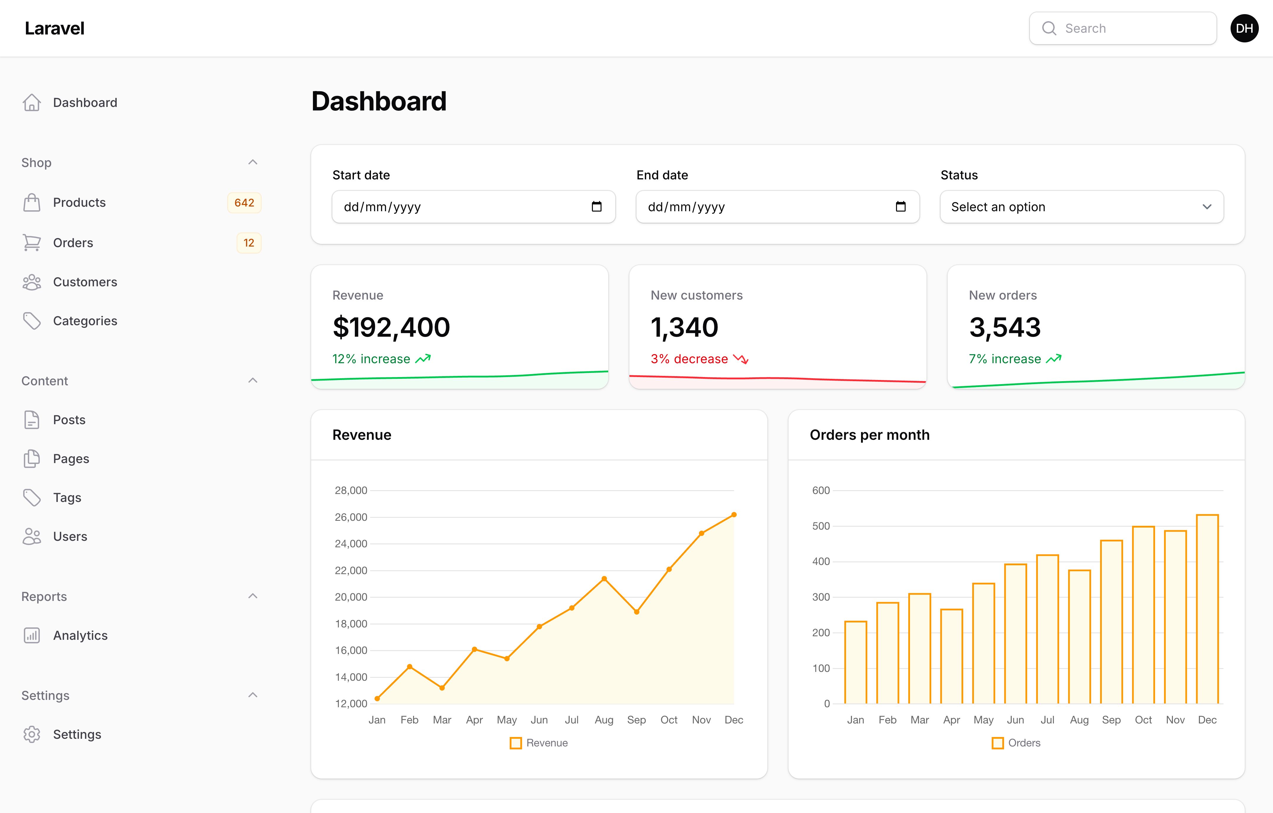 Dashboard with filter form