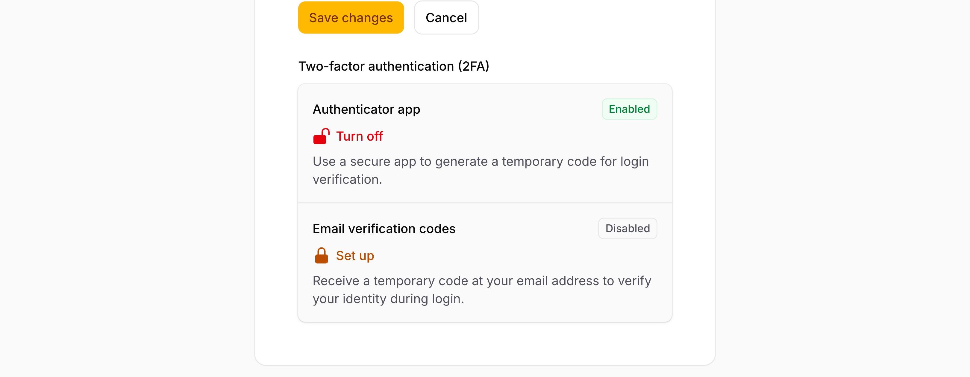 Multi-factor authentication options on the profile page