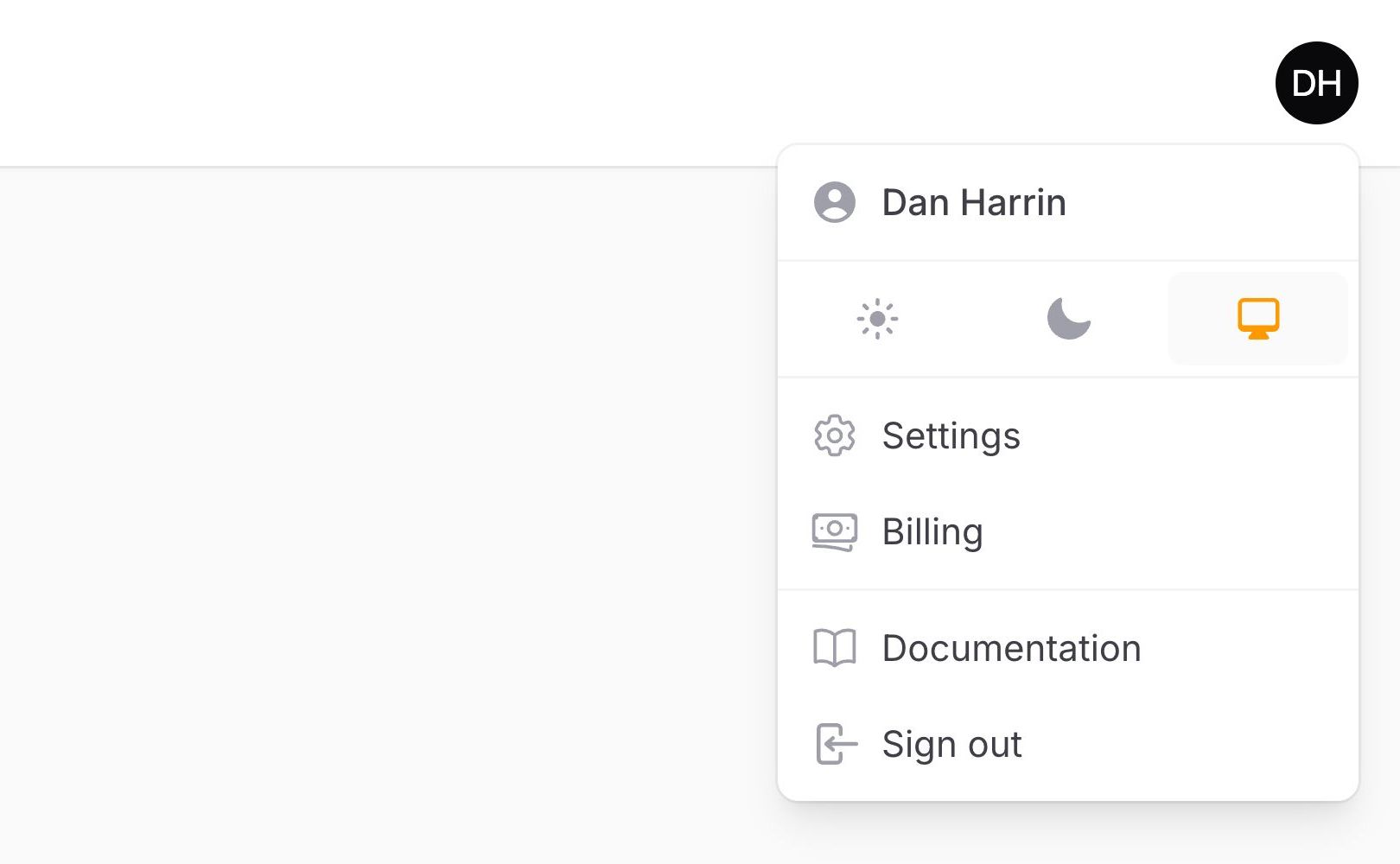 User menu items split into separate groups